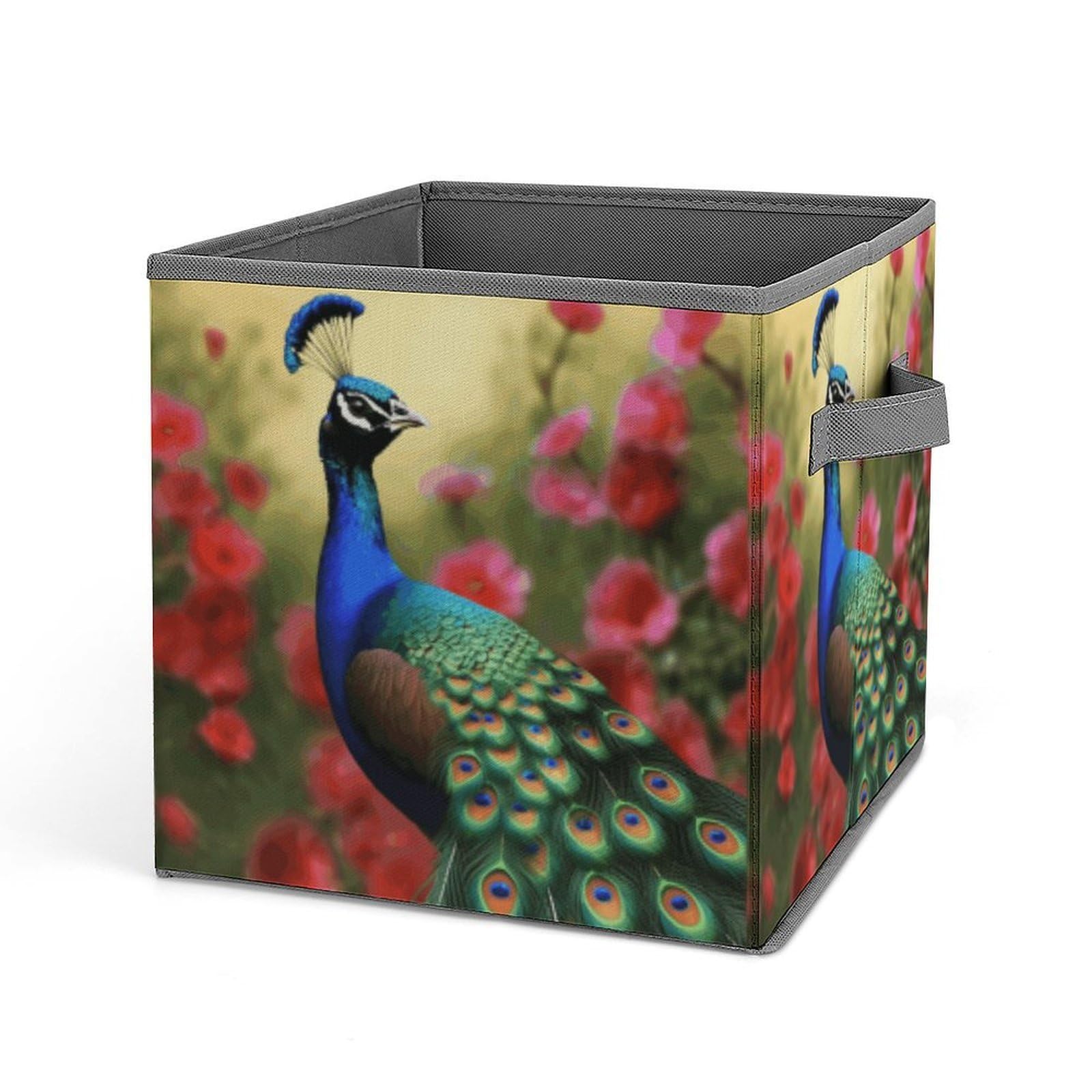 Peacock Flowers Storage Baskets Collapsible, Exquisite Pattern Cube Box, Canvas Fabric Storage Bins with Handles, Clothe Organizer Box for Home Decorative Office Bedroom