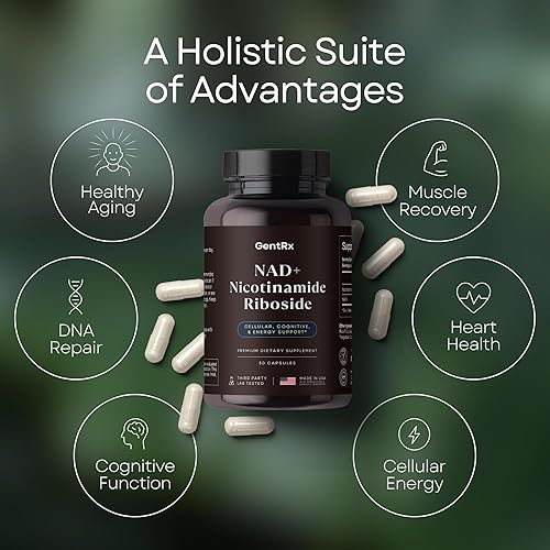 Miniatura 5 de NAD+ y suplemento de ribósido de nicotinamida, energía celular y apoyo antienvejecimiento, salud cardíaca, fórmula NR de 500 mg probada por