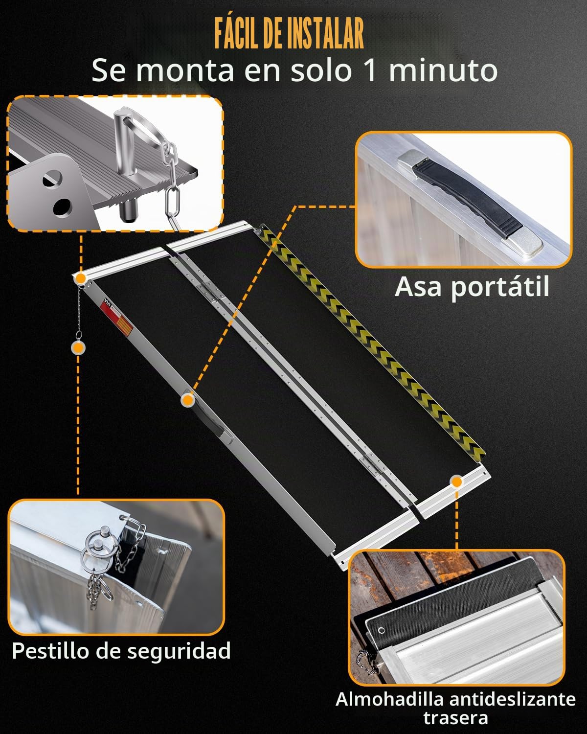 Rampa para Silla de Ruedas 122CM, Capacidad 363KG, Rampa Plegable Antideslizante de Aluminio con Superficie de Carborundo para Escalones, Umbrales, Bordillos, Escaleras y Coches