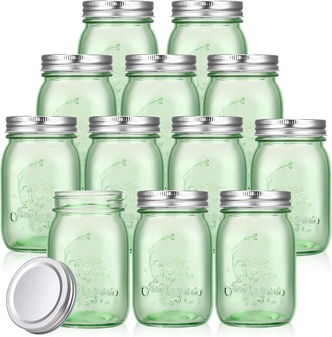 Pinkunn 12 Pcs Mason Jars with Lids 16 Oz Regular Mouth Pint Canning Jars Vintage Glass Jars Bulk Airtight Multifunction Mason Jars for Storage Canning Pickling Preserving Fermenting (Dark Green)