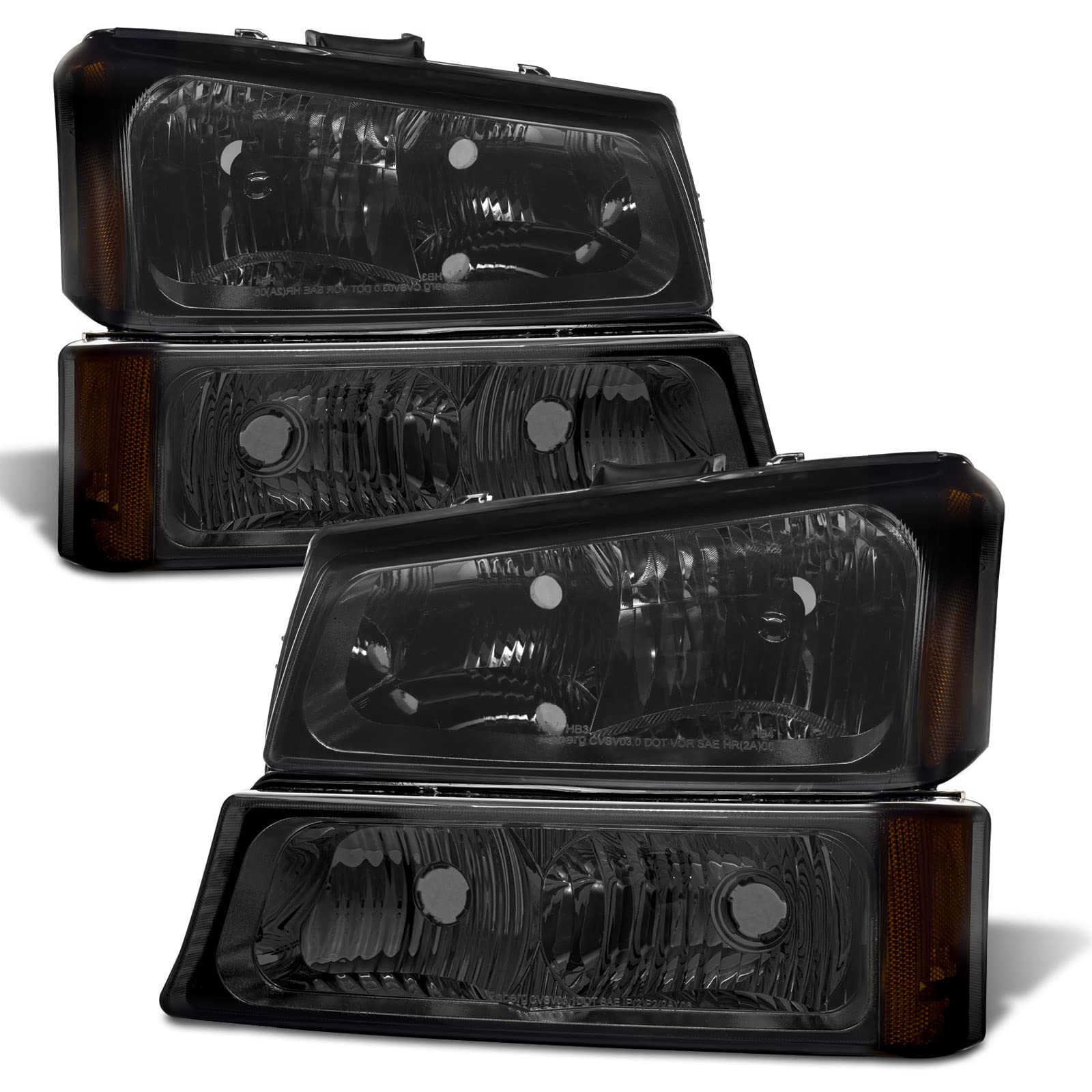 for 2003-2006 Silverado Headlight Assembly compatible with 2003-2006 Chevy Silverado Avalanche 1500/2500/3500 Smoke Lens Chrome Housing with Amber Reflector Headlamp Replacement L+R