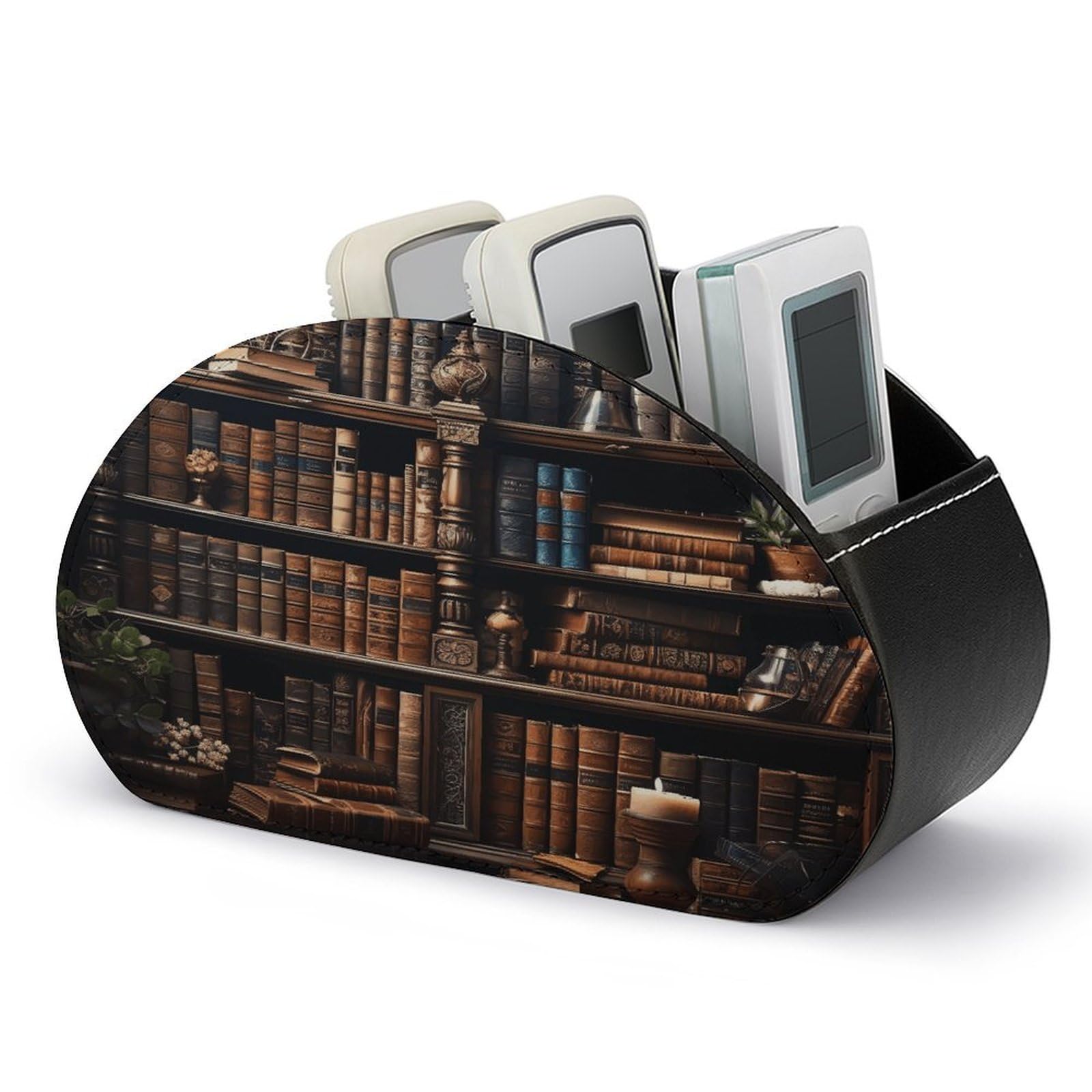 VstaDank Books on The Bookshelf Remote Control Holder Farmhouse TV Media Remote Storage Box with 5 Compartments PU Leather Remote Caddy Desktop Organizer for Home Bedside Table Organizer