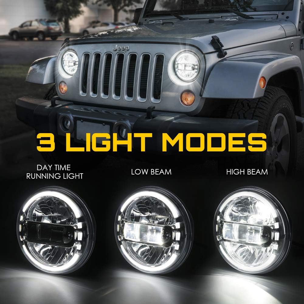 Xprite 7 Inch LED Headlights DOT Approved Compatible with 1997-2018 Jeep Wrangler JK LJ CJ TJ Hummer H1 H2, Halo Ring, DOT Approved, High/Low Beam, Plug & Play, Chrome