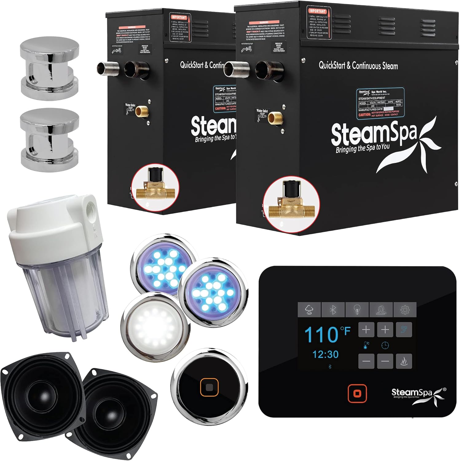 SteamSpa Black Wifi and Bluetooth Series 15kW QuickStart Steam Bath Generator Package in Polished Chrome | Touch Screen Wifi App Control Steam Shower Kit with Water Filter and Speaker | BKT1500CH-A