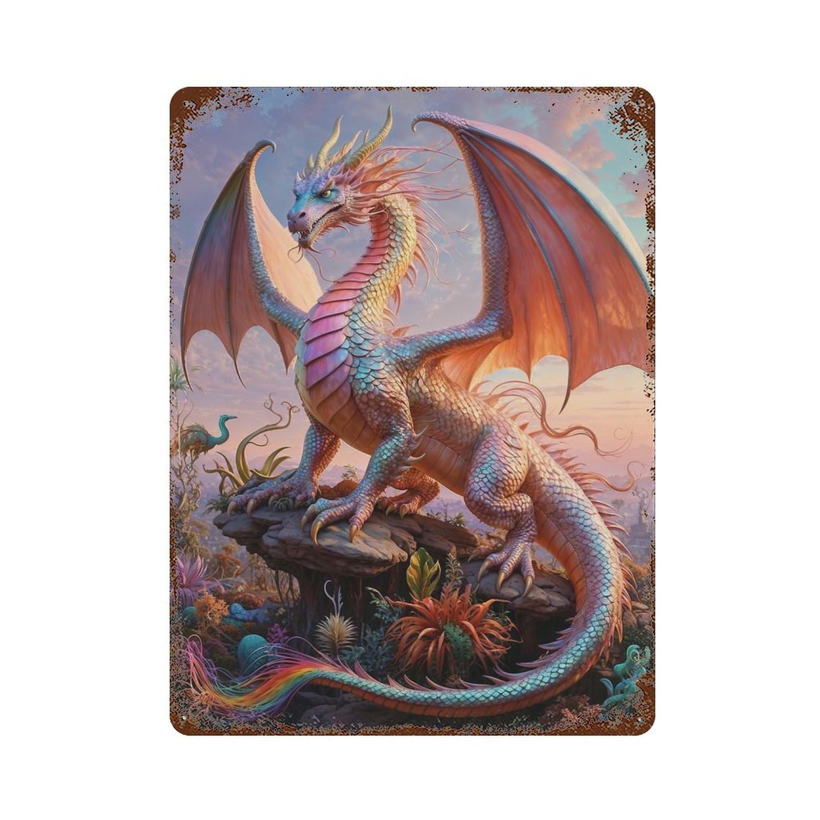 Fantastical Dragon Safari Weathered Tin Sign 15.7"x11.8", Ideal for Shed, Workshop And Garage Wall Decor
