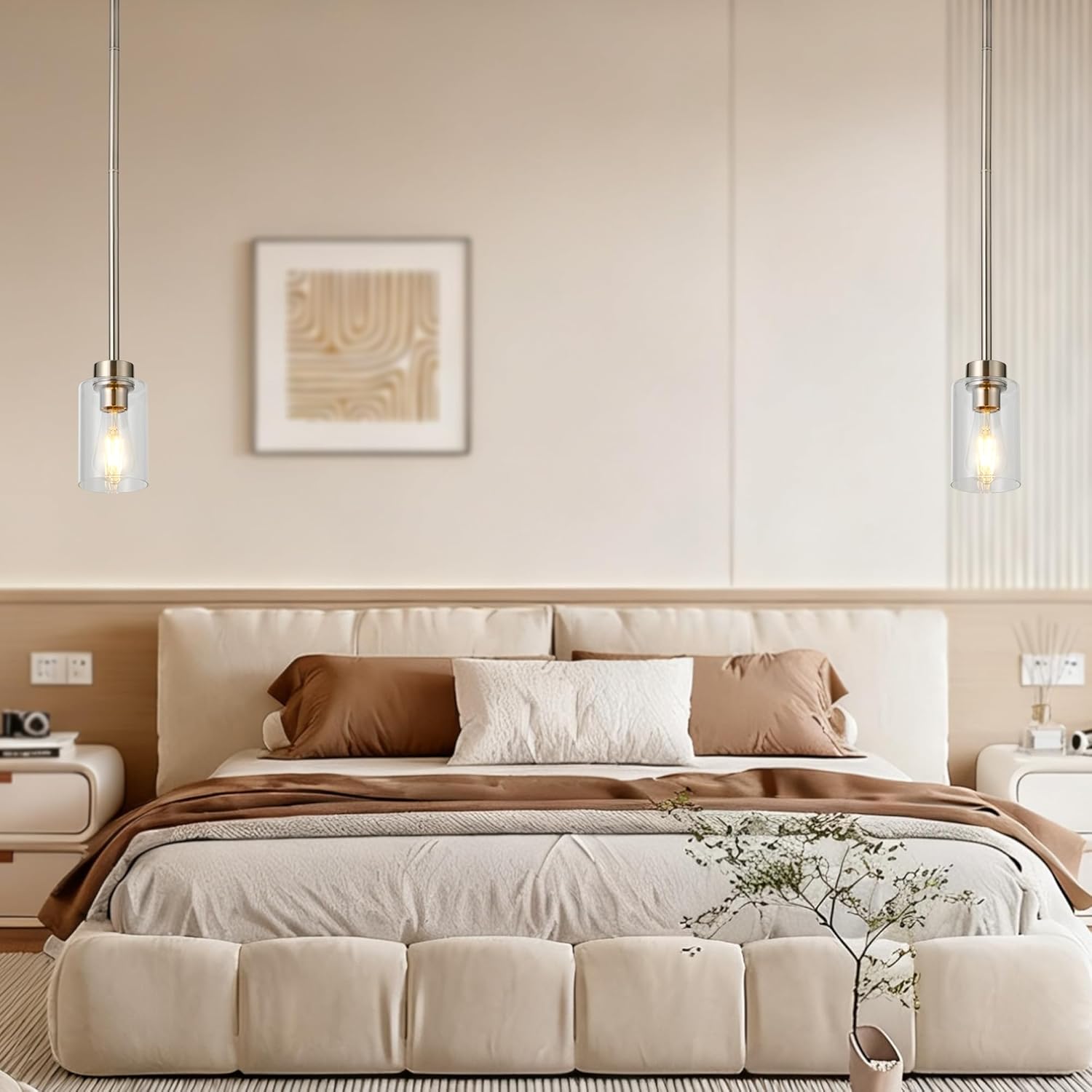 Kitchen Island Pendant Lighting Adjustable Hanging Ceiling Lamp Brushed Nickel Finish with Clear Glass Shade for Bar Dining Room Corridor Living Room Bedside 2Pack