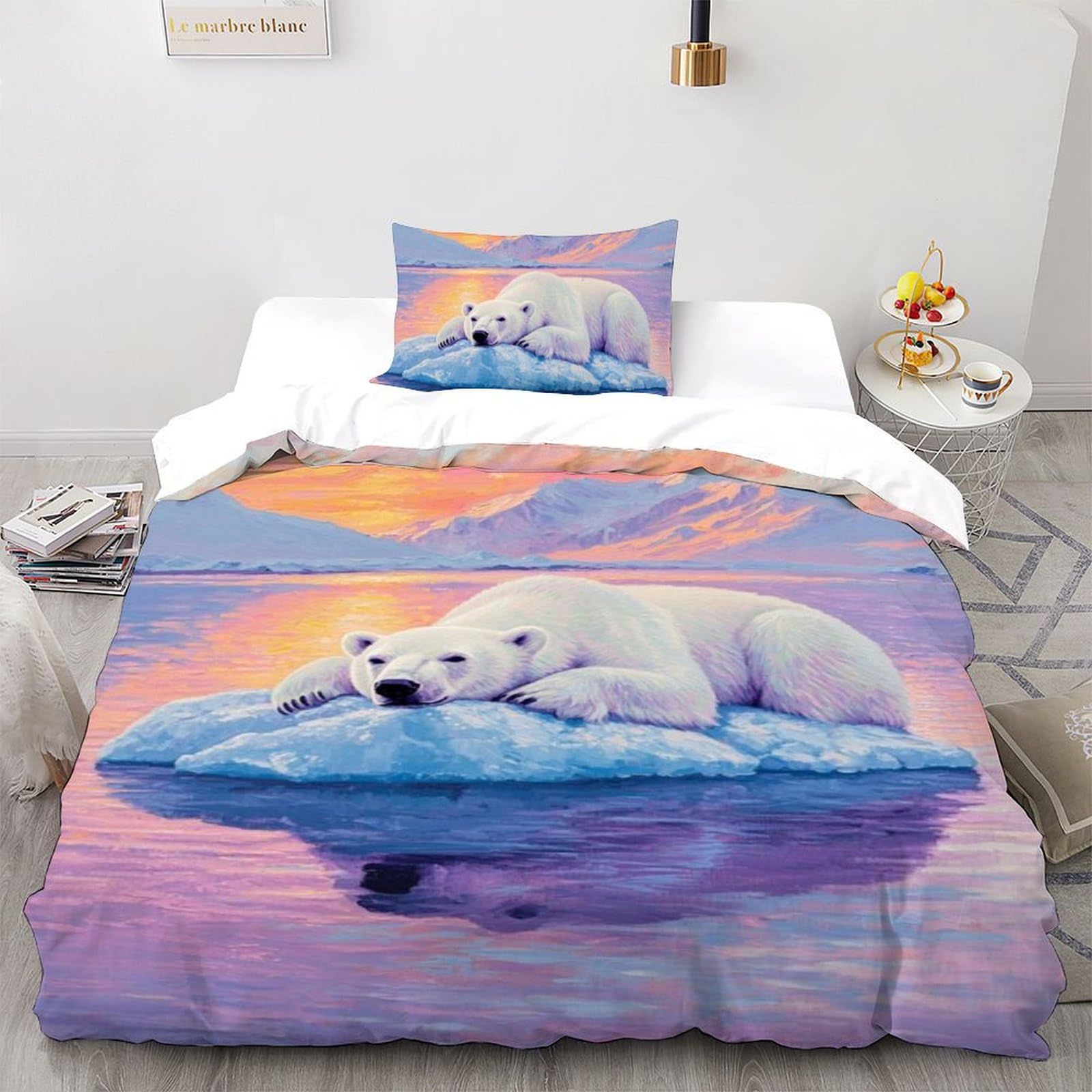 Housse de Couette Lit Simple Animaux Sauvages Microfibre Anti-Glissement avec Zip Ours de Glace 3D