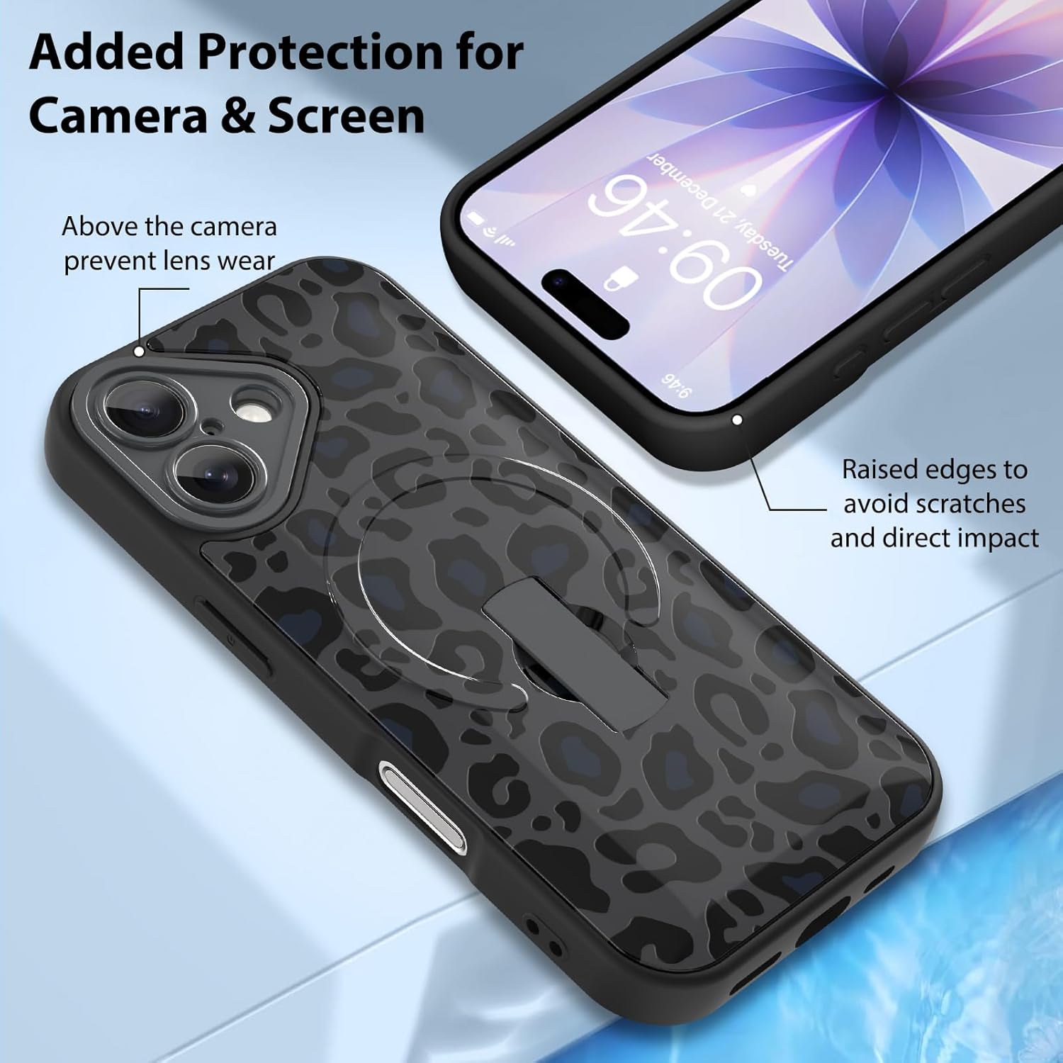KANGHAR Compatible with iPhone 17 Case Black Leopard Print Pattern Compatible with Magsafe Cute Cheetah Wristband Stand Phone Magnetic Cover for Women Girls Men Protective Cover