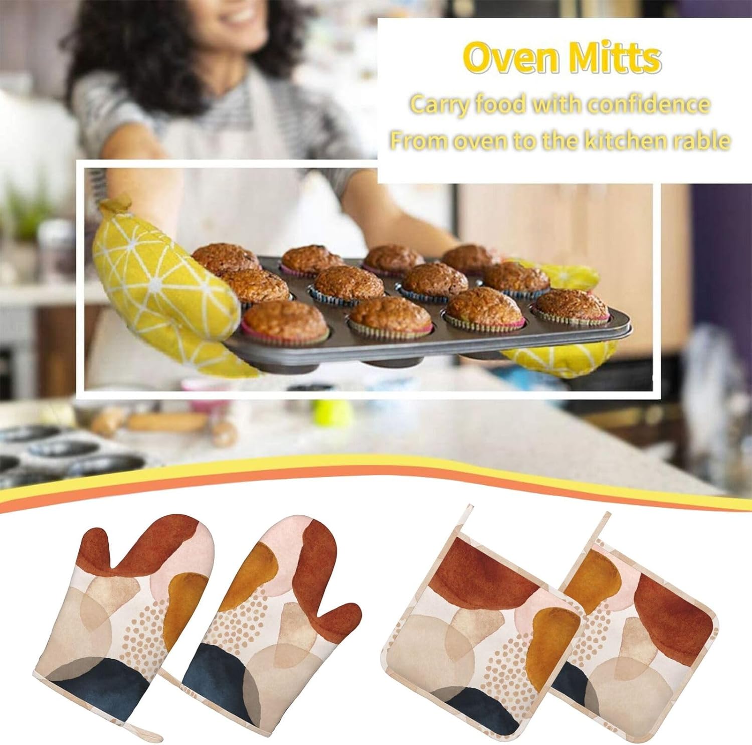 Boho Abstract Minimalist Aesthetic Oven Mitts and Pot Holders Sets, 4pcs Silicone Non-Slip Kitchen Mitts Potholders Heat Resistant BBQ Gloves Hot Pads for Cooking Grilling Baking Chef Gifts