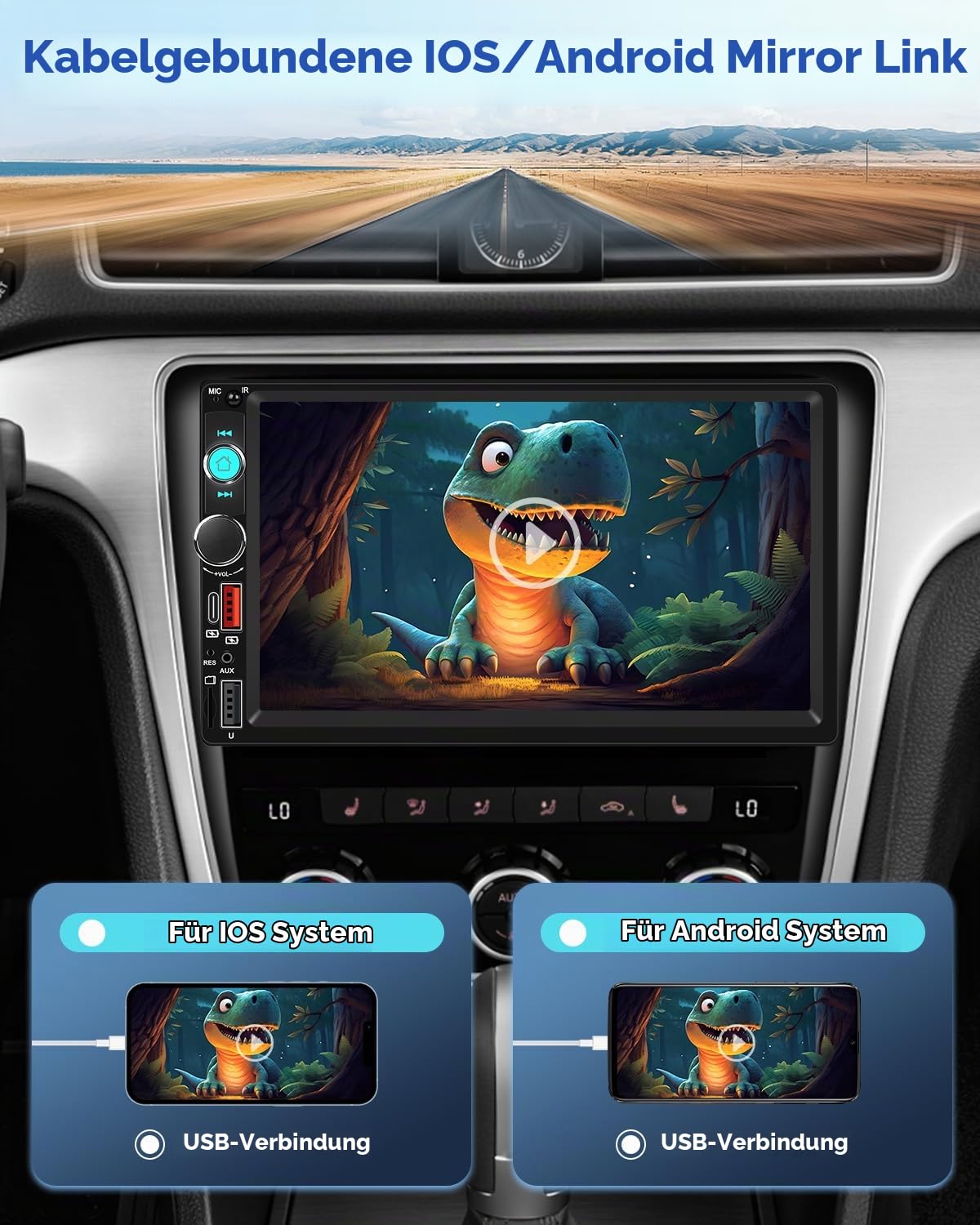 NHOPEEW 2-DIN-7-Zoll-Autoradio mit kabellosem CarPlay und Android Auto – Doppel-DIN-Radio mit Lenkradsteuerung, FM, Online-Video, Zwei USB-Anschlüssen, AUX-Typ-C und Rückfahrkamera