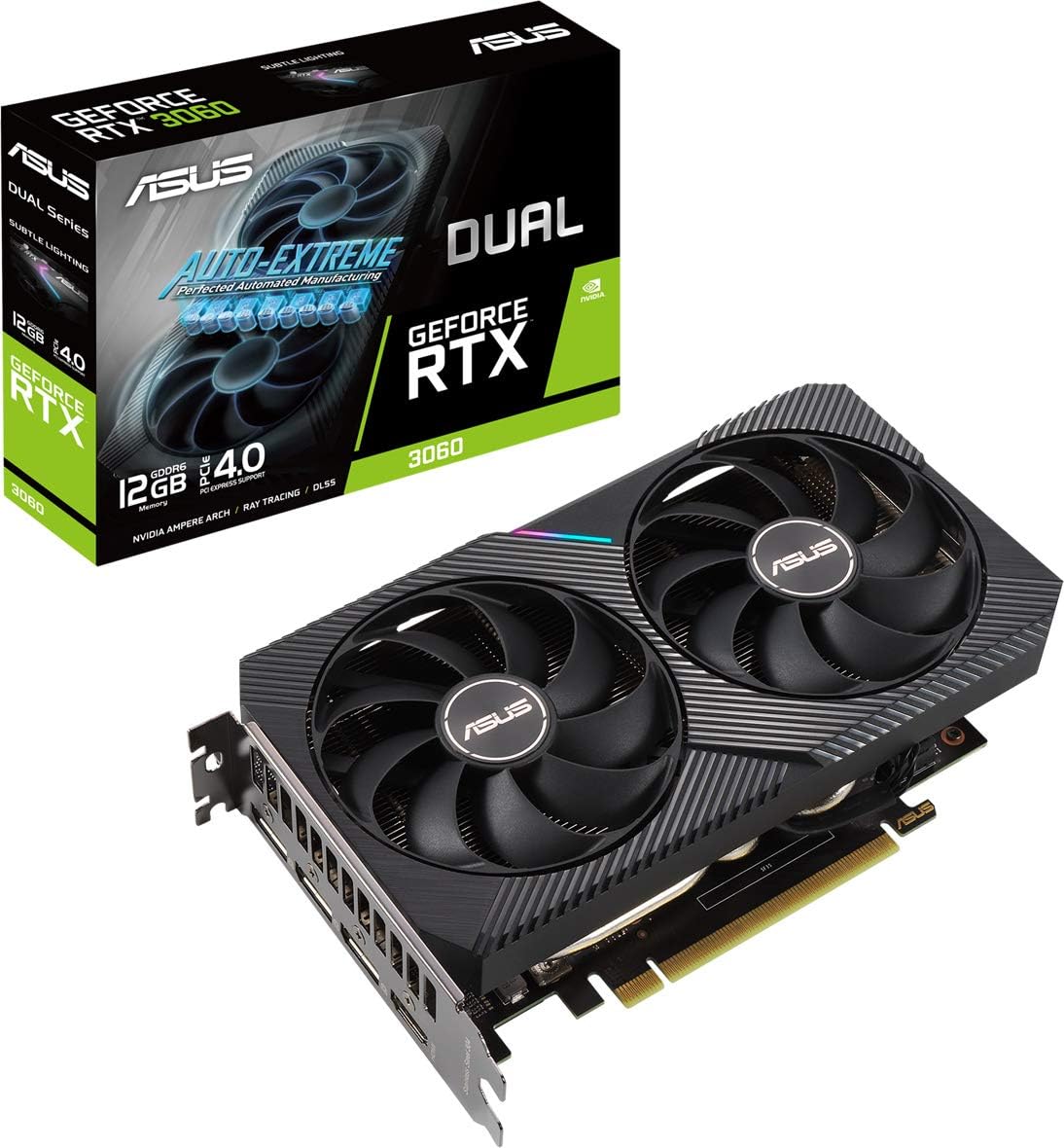 ASUSDual NVIDIA GeForce RTX 3060 OC Edition 12GB GDDR6 Gaming Graphics Card (PCIe 4.0, 12GB GDDR6 memory, HDMI 2.1, DisplayPort 1.4a, 2-slot design, Axial-tech fan design, 0dB technology, and more)