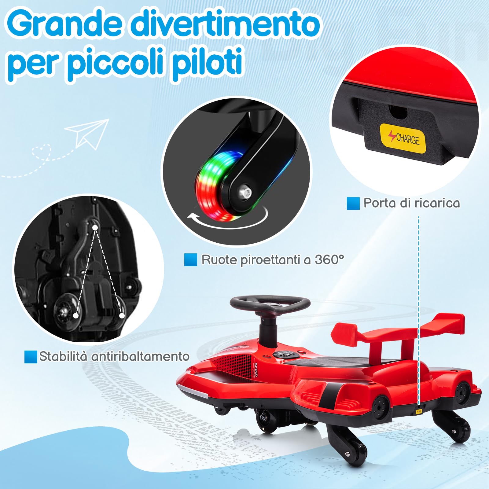 LALAHO Coche Eléctrico para Niños 12V, Coche de batería con Pedal, vehículo eléctrico 2 en 1 con 2 velocidades, Luces LED, protección antivuelco y Ruedas iluminadas, 3 años+ (Rojo-Negro)