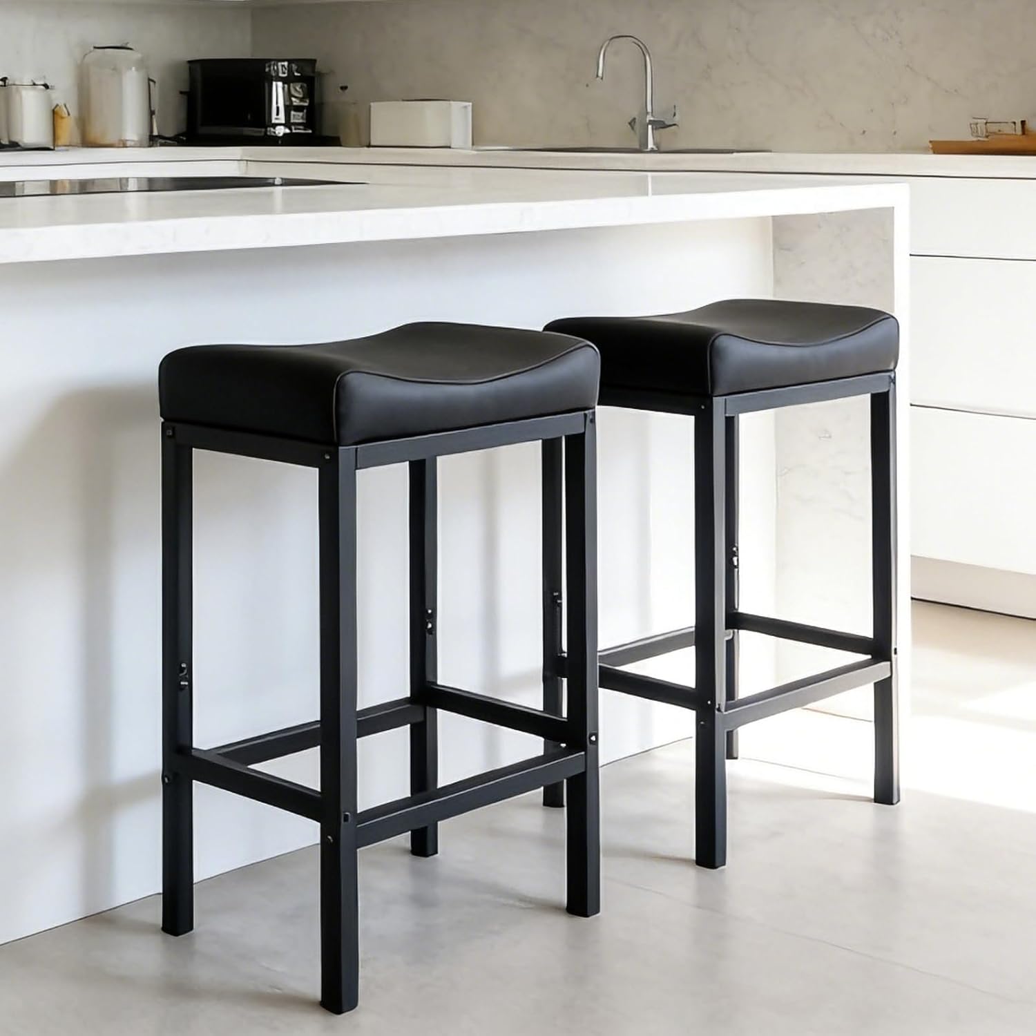 Monhey Bar Stools Set of 2, 24-Inch Counter Height Chairs with Synthetic Leather Stitched Seat for Kitchen Island, Modern Metal Frame for Residential Home Bars(Black)