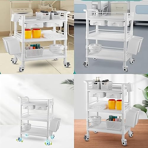 Miniatura 5 de Carros médicos móviles de 3 niveles, carrito utilitario rodante de carga máxima de 330 libras, carrito de ultrasonido con ruedas, cajones, cubo de