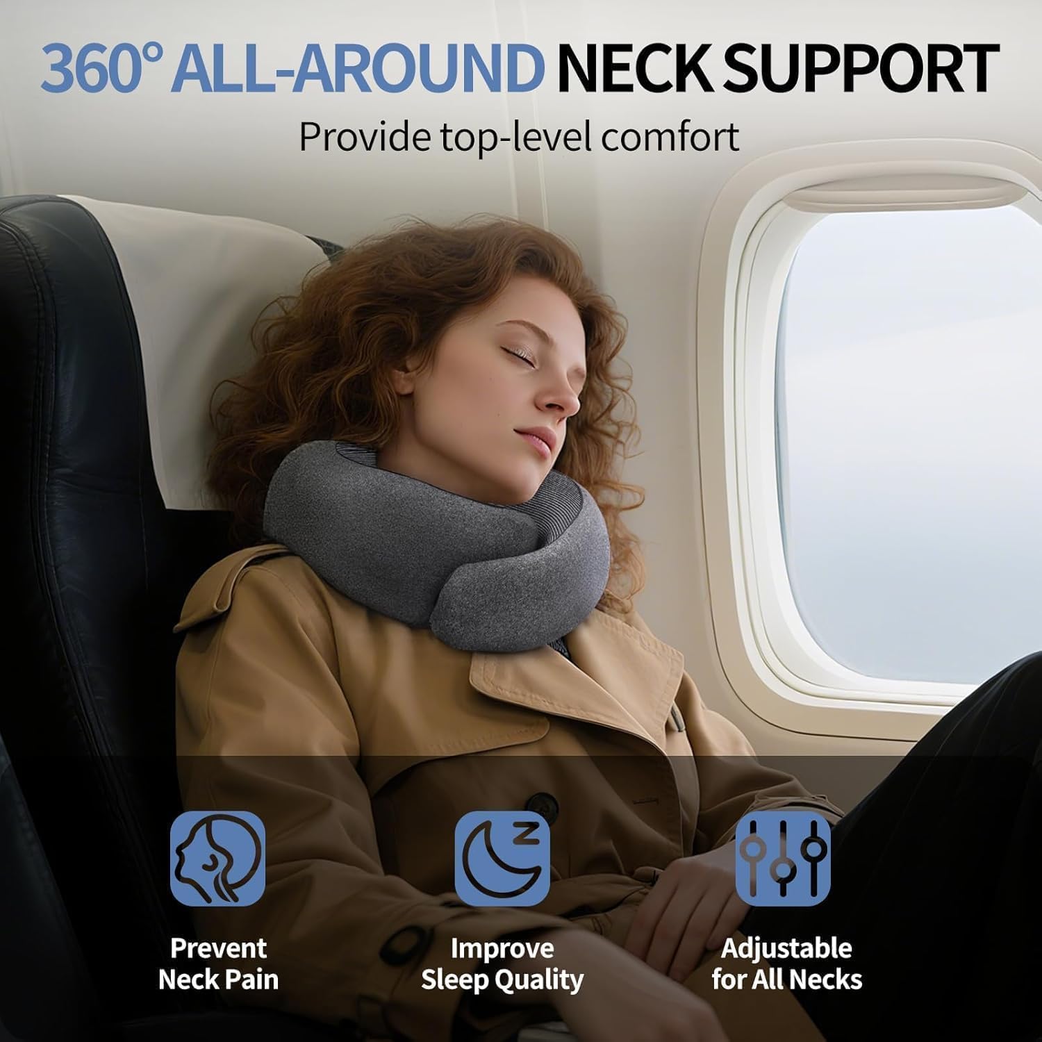 Neck Pillow Airplane, Travel Pillows for Airplanes, Memory Foam Adjustable Portable Neck Pillow for Traveling, Car Rides, and Home Use (Dark Gray)