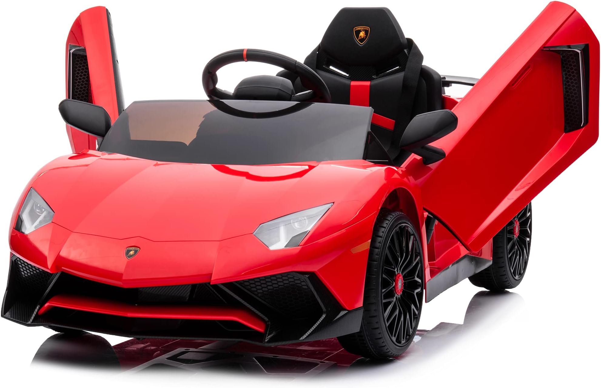 KidzoneKids Electric Ride On 12V Licensed Lamborghini Aventador Battery Powered Sports Car Toy with 2 Speeds, Parent Control, Sound System, LED Headlights & Hydraulic Doors - Red