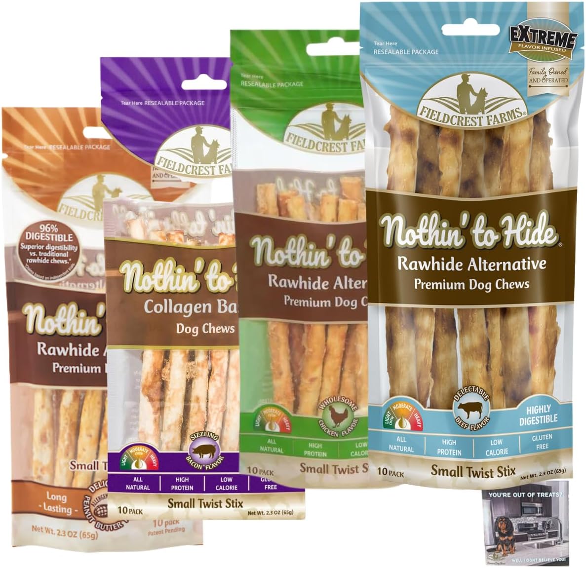 Fieldcrest Farms Nothing to Hide Natural Rawhide Alternative Twist Stix for Dogs - 4 Pack (40 Sticks) Premium Grade Easily Digestible Chews - Great for Dental Health (4 Pack Variety, Small Stix)