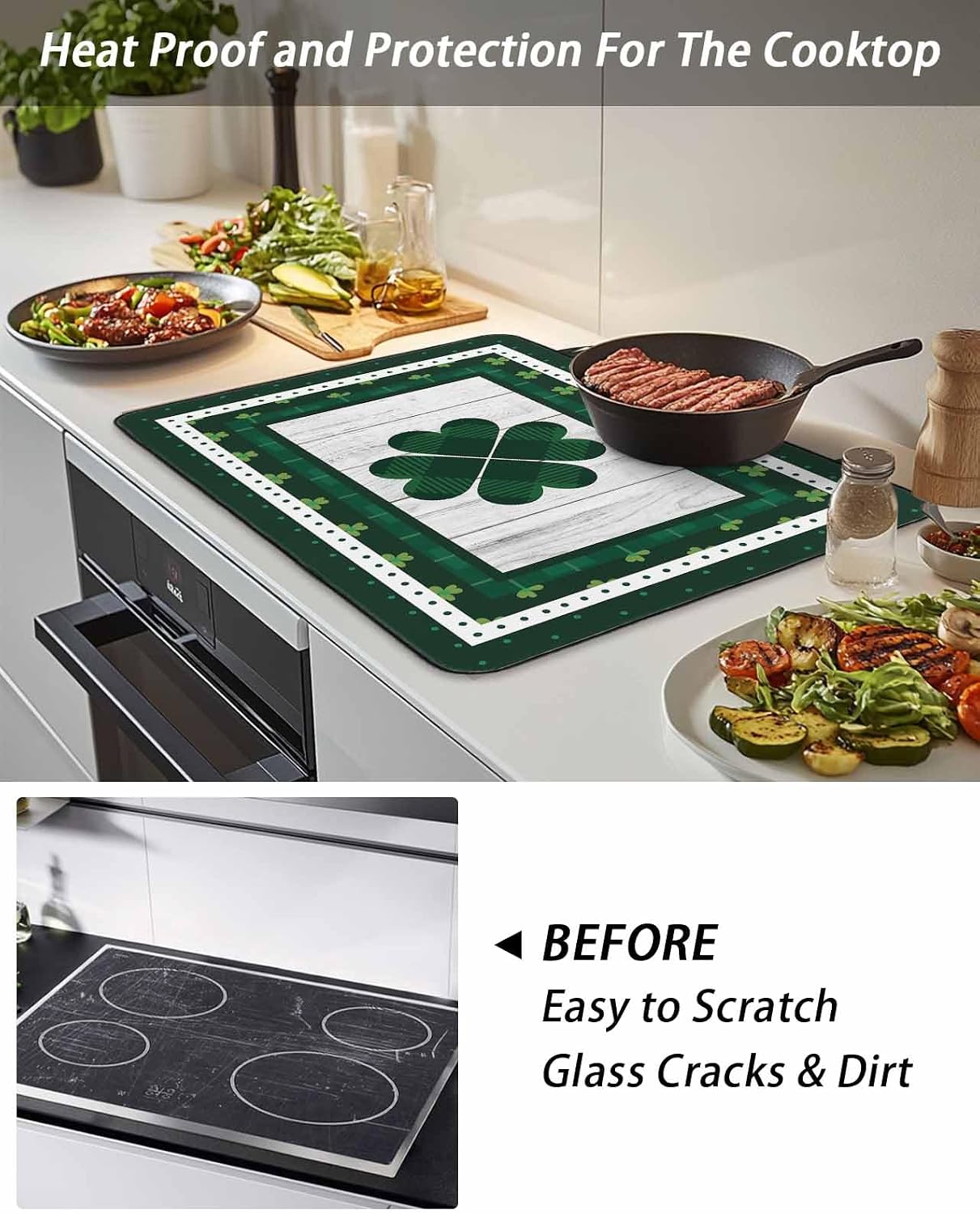 St Patrick's Day Stove Top Cover Shamrock Stove Cover for Electric Stove Top Polka Dot Green Check Plaid Glass Cooktop Covers Anti-Slip Mat Heat Resistant Countertop Protector Spring Decor 28.5"x20.5"