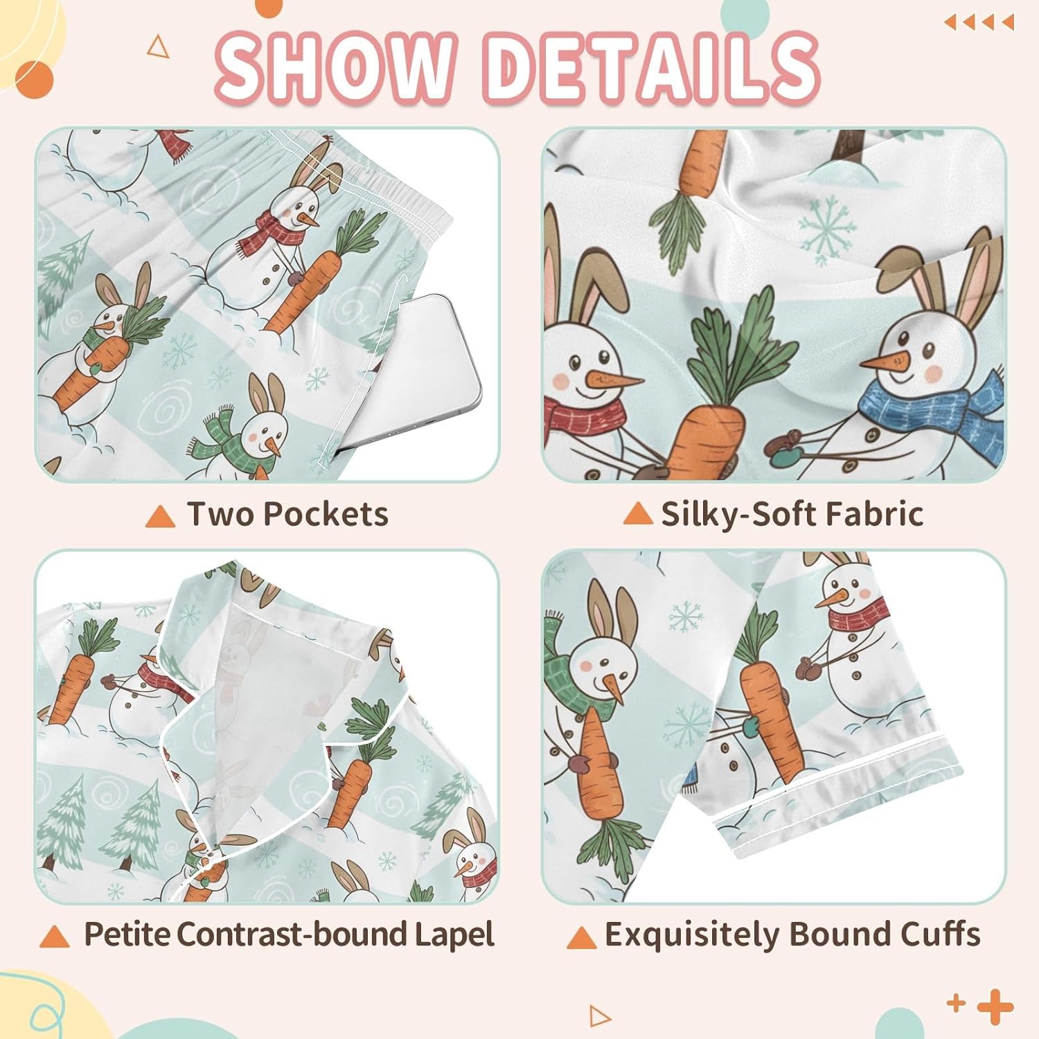 Kids Satin Wear Set Carrot Rabbit Snowman Pattern Relaxed Fit Clothing Short Sleeve and Shorts