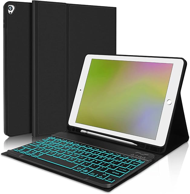 Keyboard Case for iPad 9th Generation 2021/8th Gen 2020/7th Gen 2019/Air 3 2019/iPad Pro 10.5, 7 Colors Backlit Detachable Wireless Bluetooth Keyboard Case with Pencil Holder for 10.2 Inch iPad, Black