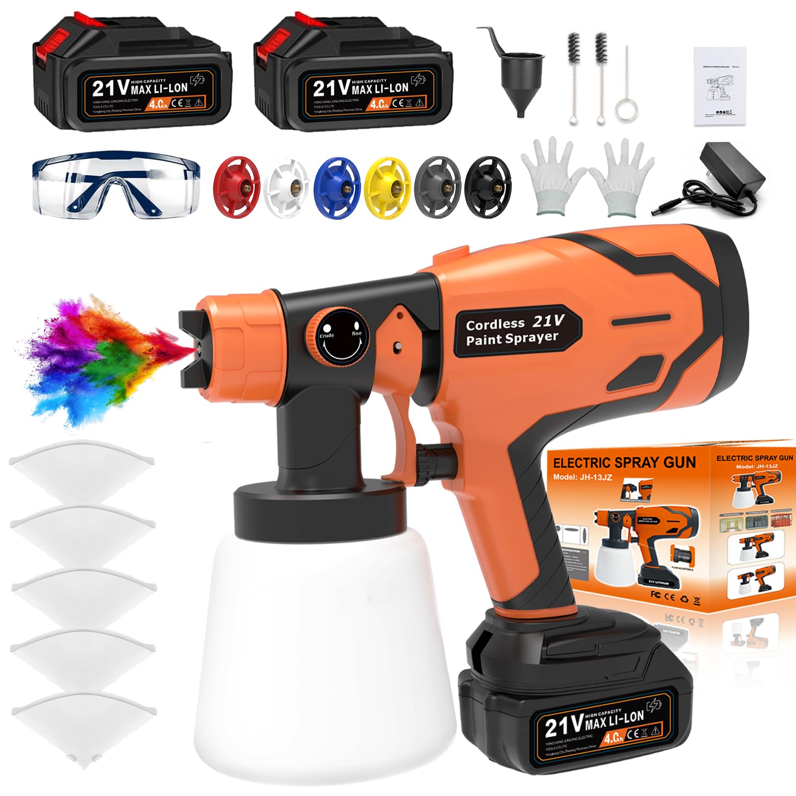 Akumulatorowy system natryskowy, 600 W HVLP pistolet natryskowy, z 6 dyszami i 3 obrazami natryskowymi, pistolet lakierniczy 1000 ml, elektryczny pistolet natryskowy 2 x 4,0 Ah, pistolet do
