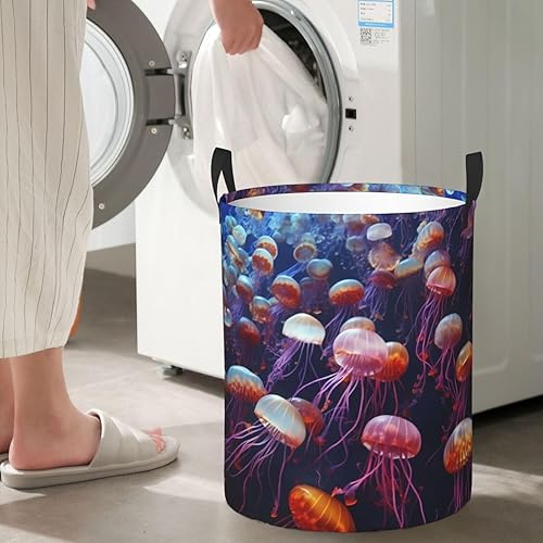 Miniatura 7 de Cesta circular con estampado de medusas de animales marinos, impermeable, cesta organizadora de lavandería, con asas, para ropa, juguetes, tamaño