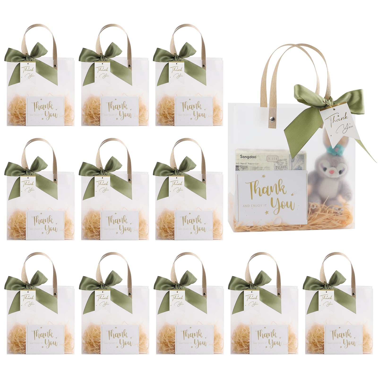 12 przezroczystych plastikowych torebek na prezenty z uchwytami 20 x 20 x 8 cm, wielokrotnego użytku, matowe torby na zakupy PP z zielonymi wstążkami i podziękowaniami, torby na upominki na ślub