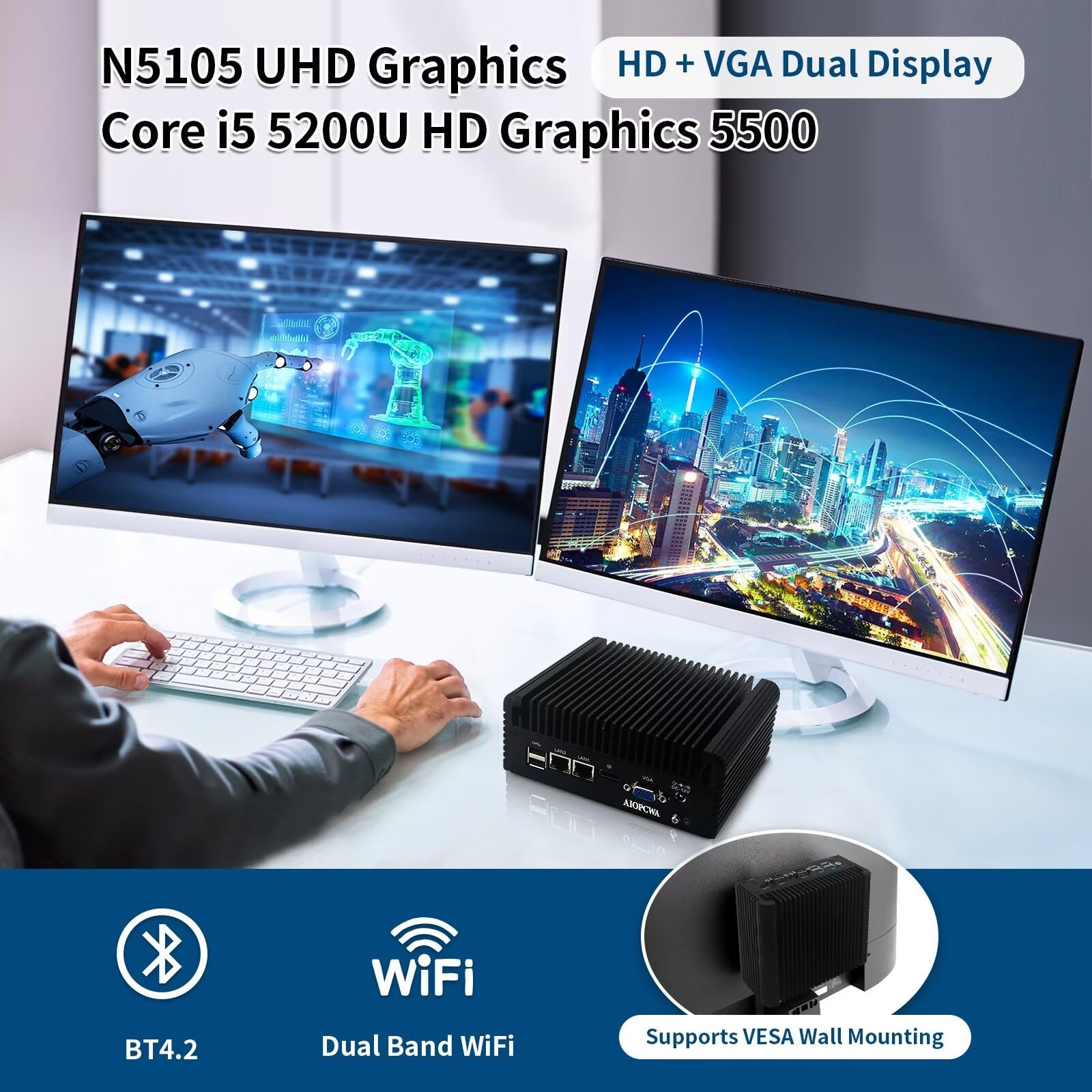 Fanless Mini PC, Core i5 5200U Industrial Computer, 2 Port 2.5GbE i226V LAN, 2 × COM RS232 Serial Port, Barebone NO RAM NO SSD, Support WinOS, Linux, Wifi/BT, VGA, SIM slot