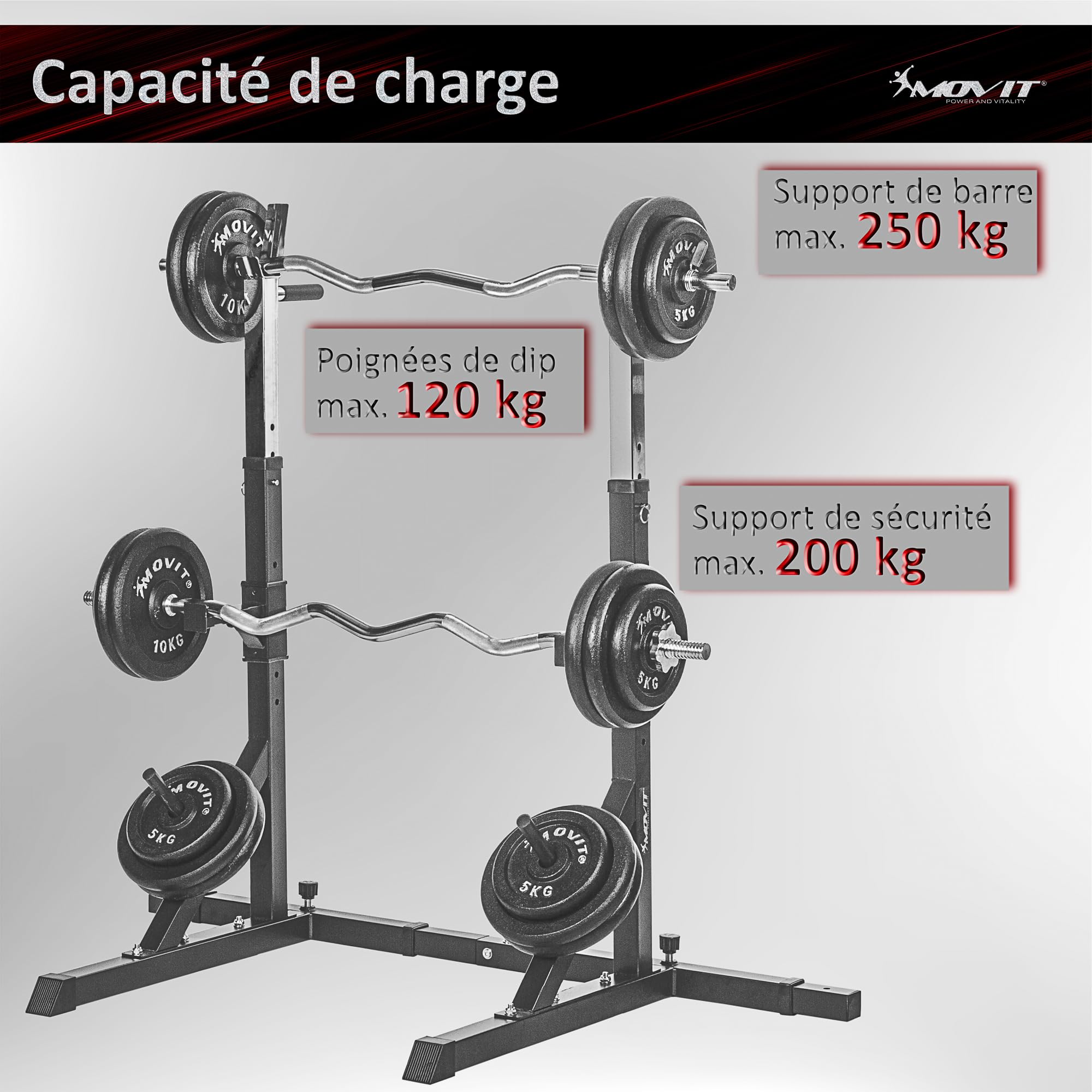 MOVIT Squat Rack Basic avec Station Dip, Hauteur et Largeur réglables, Support pour haltères Support pour haltères Appareil d'entraînement à Domicile Home-Gym, Blanc ou Noir