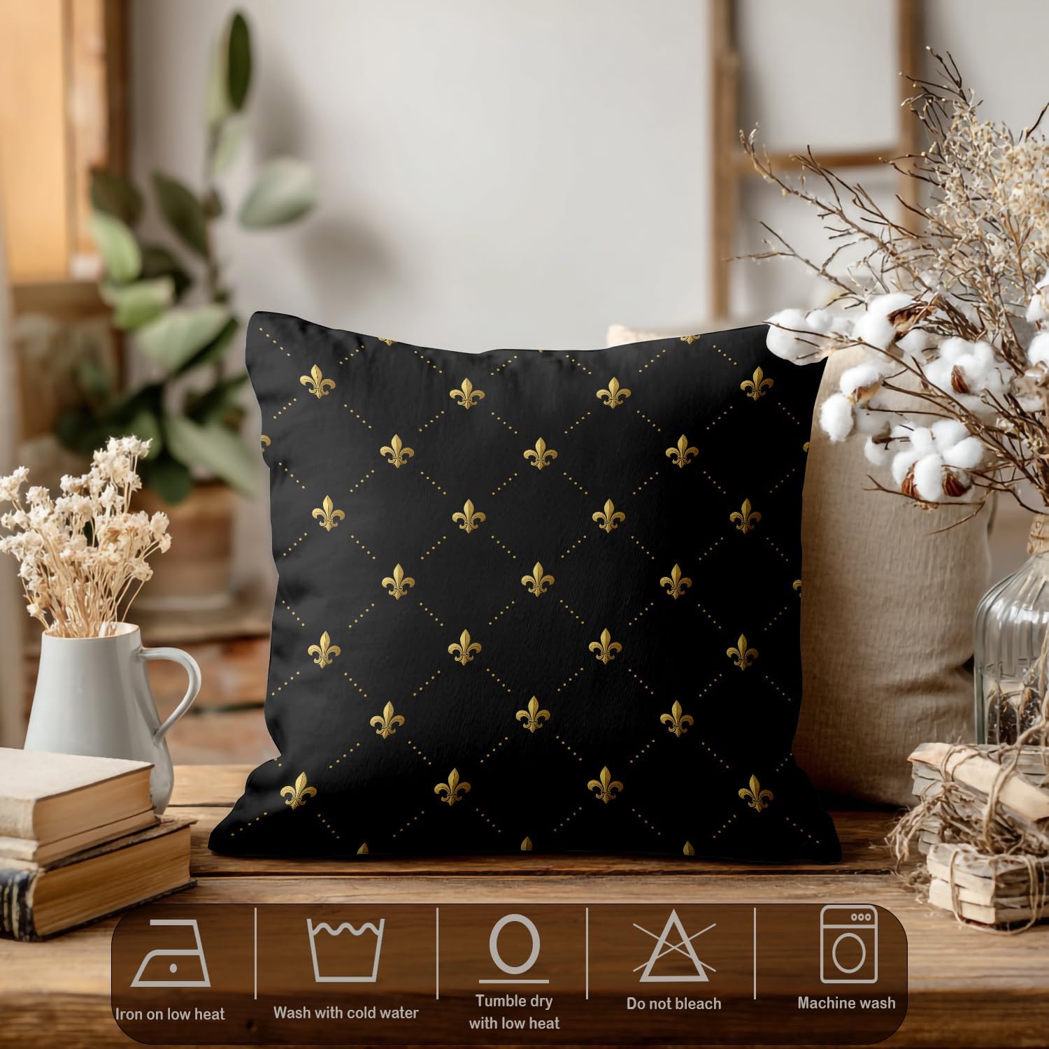 Batmerry Gold Black French Decorative Pillow Covers 20x20 Inch Set of 2, Fleur De Lis Black and Gold from Art Double Sided Square Cushion Throw Pillow Covers Outdoor Sofa Couch Pillowcase