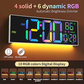 16.5 Large LED Digital Wall Clock with Bluetooth Sync, Night Light, Dimming, 2 Alarms, RGB Color, Temperature, Remote Control, 12/24H, Timer for Living Room, Bedroom, Gym, Office