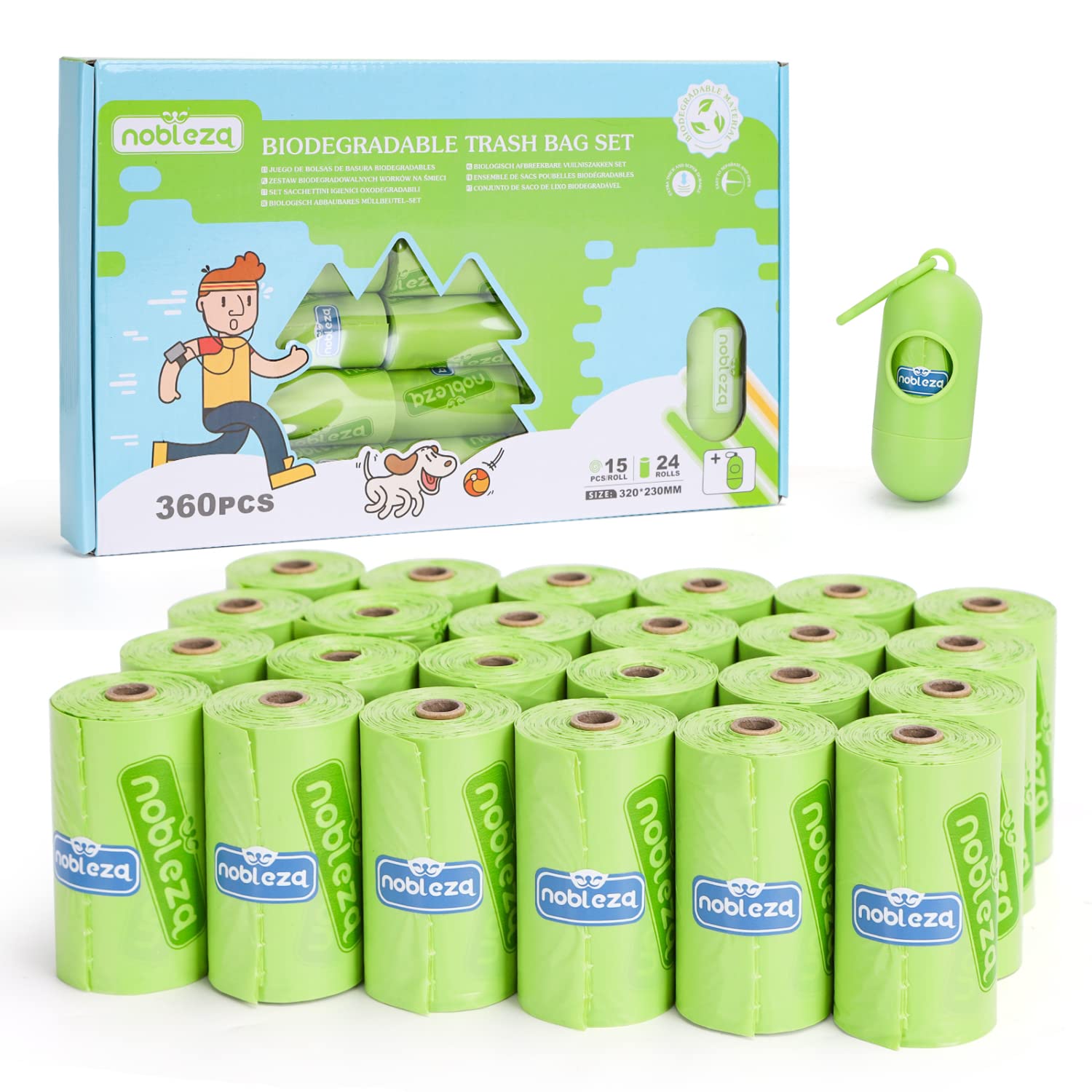 Nobleza Bolsas Caca Perro, 360 Unidades Bolsas Caca Perro Biodegradables con 1 Dispensador, Bolsas Excrementos Perros Extra Grueso, Fuerte y a Prueba, 24 Rollos/360 Unidades