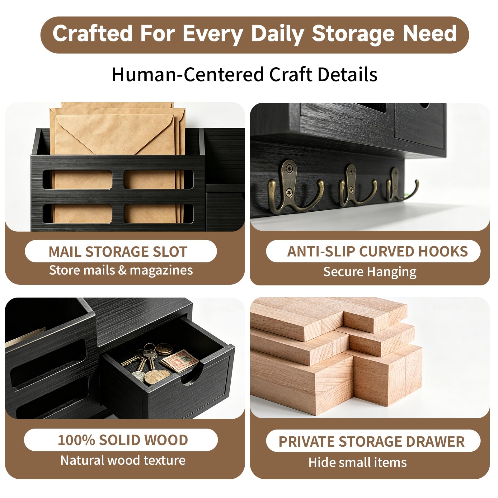 Black Key Holder Wall Mount with Drawer & Mail Slot -4