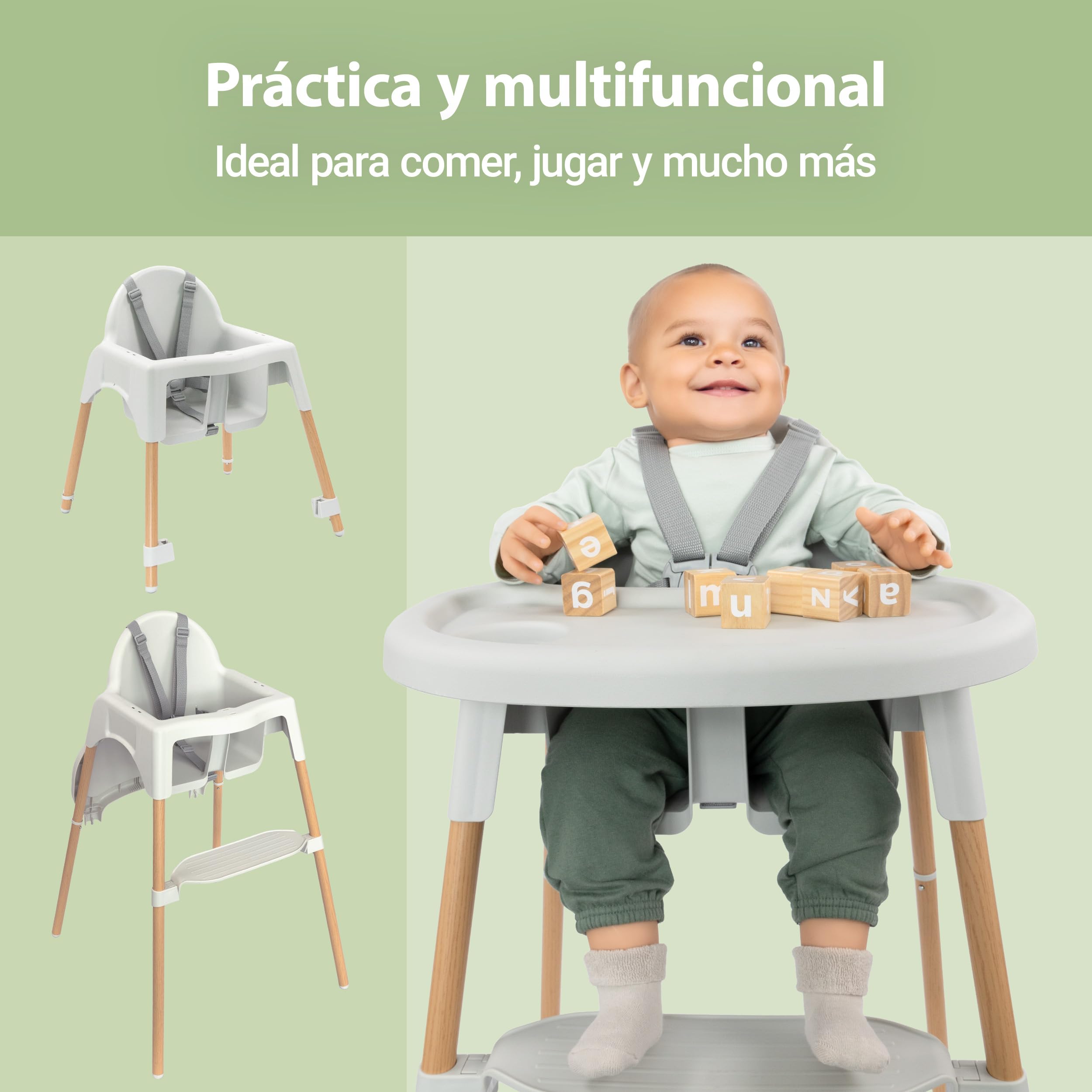 Zamboo Tronas de Bebé Ligeras desde 6 Meses 3,5 kg | Silla Alta Comedor Evolutiva con Diseño Madera - Bandeja Extraíble Grande y Arnés Seguridad 5 Puntos | Portátil - Antivuelco, hasta 15 kg – Gris