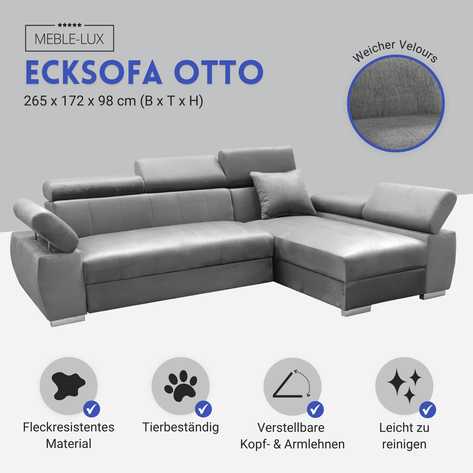 Ecksofa OTTO, Eckcouch mit Schlaffunktion, Federkern, Verstellbare Kopfstützen, Einfacher Klappmechanismus, Bettfunktion, Zusätzlicher Stauraum, Plüsch Grau, Rechts