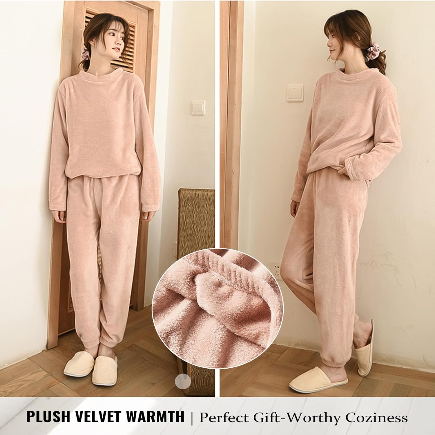 Women's Coral Fleece Pajamas Set - Coral Velvet Fluffy Sleepwear Set with Relaxed Fit, Long Sleeve Top and Pants - Image 5