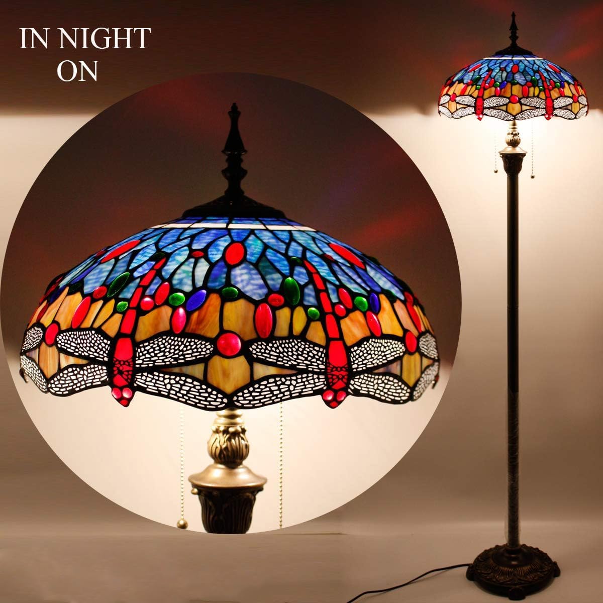 WERFACTORY Tiffany Floor Lamp Dragonfly Blue Brown Stained Glass Standing Reading Light 16X16X64 Inches Antique Pole Corner Lamp — view 5