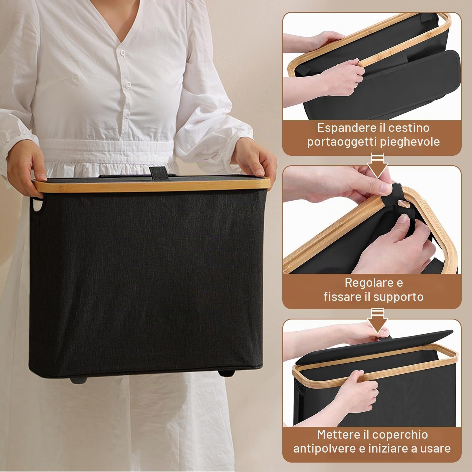 28L Cestino per Carta Igienica con Coperchio, Pieghevole Portaoggetti Contenitore Carta Igienica in Bambù per 9~12 Rotoli Carta, Porta Carta Igienica, Organizer da Bagno e Casa (Nero)