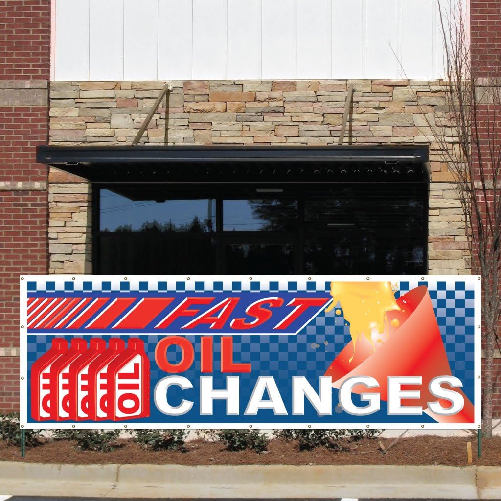 Business Banner - 3 feet x 9 feet "Fast Oil Changes" 10 Ounces Vinyl Banner, with Grommets for Hanging