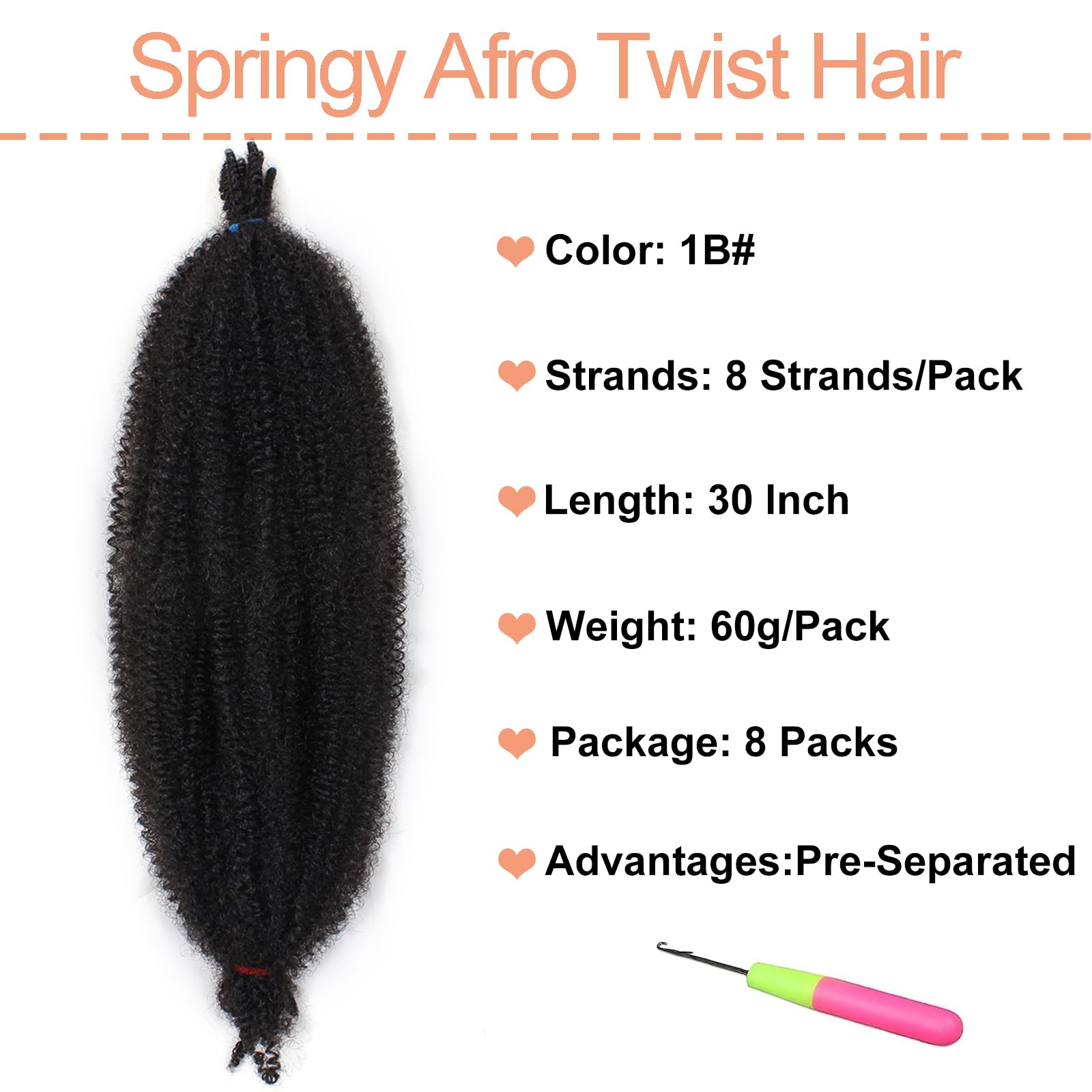 Mscat 30 Inch Long Pre-Separated Springy Afro Twist Hair 8 Packs Natural Black Marley Twist Crochet Braiding Synthetic Hair Extensions (8 Strands/Pack,1B#) - Image 2