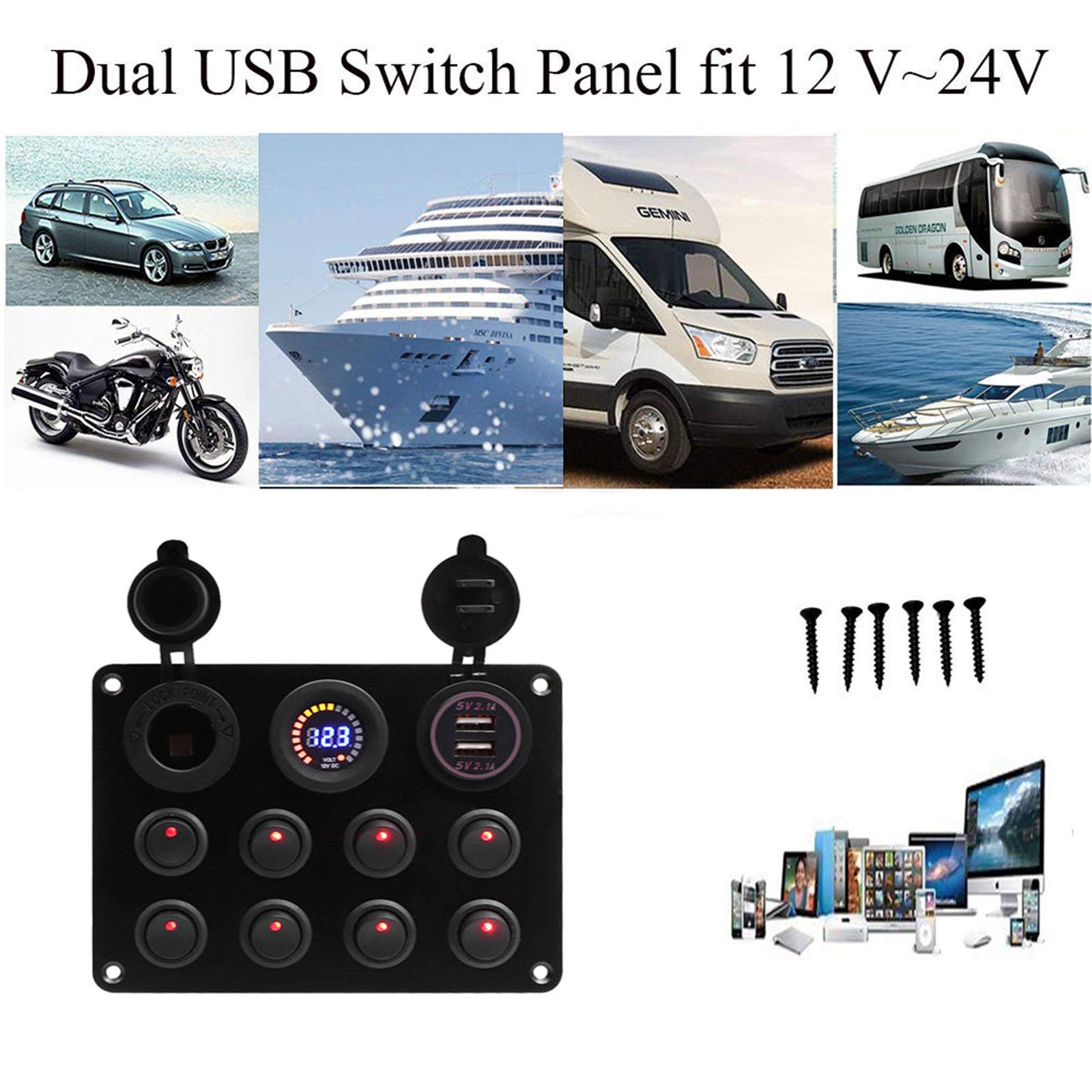 KAOLALI Przełącznik kołyskowy z 8 przełącznikami + gniazdo zapalniczki samochodowej 12 V+LEDVoltimetr + 4,2 A podwójna ładowarka USB do kampera