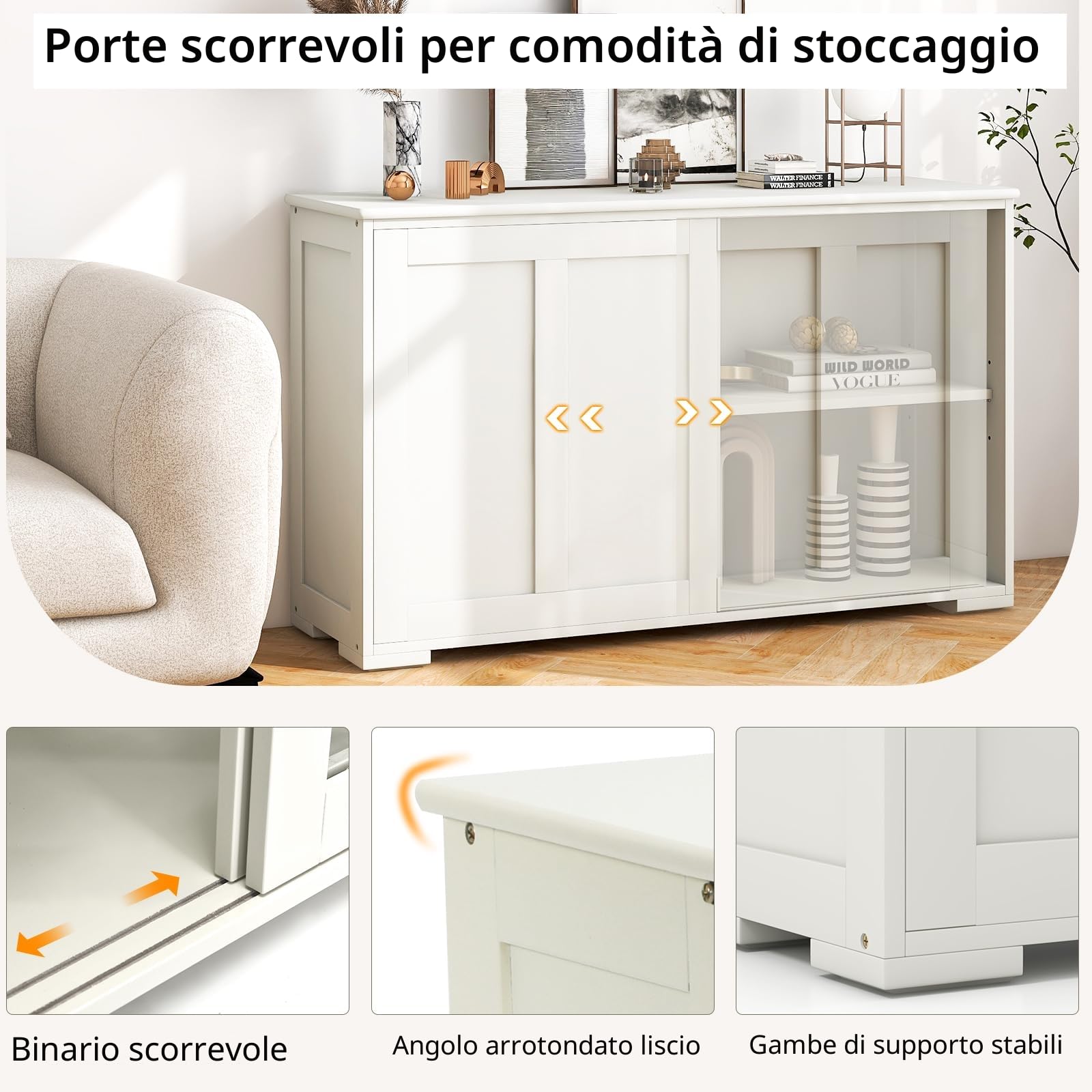 KOMFOTTEU Credenza Cucina con Ripiano Regolabile, Dispositivi Anti-Ribaltamento e Ante Scorrevoli, Mobile Buffet Dispensa Cucina in MDF, Armadietto a Buffet per Sala da Pranzo, 107x33x60cm (Crema)