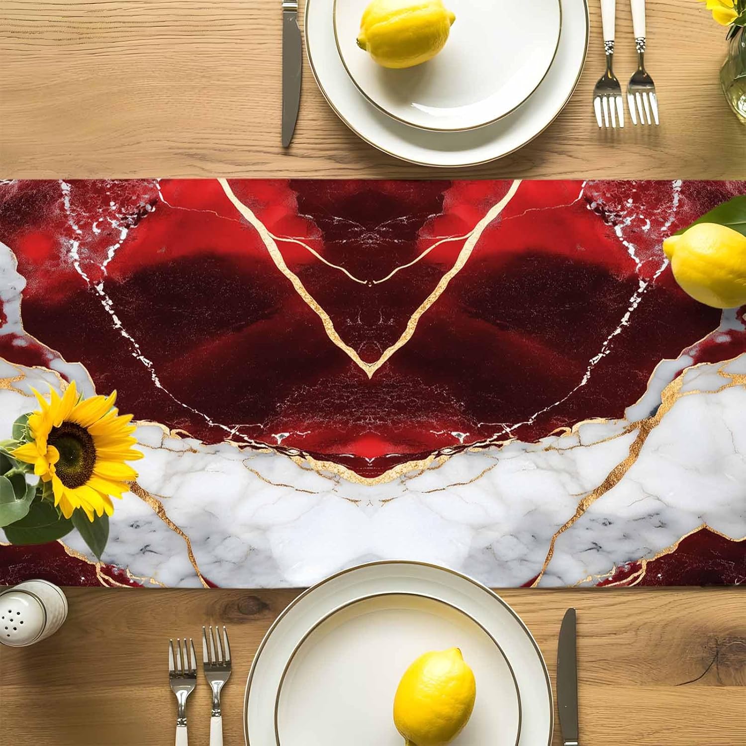 Table Runner-120 Inches Long Modern White Red Gradient Gold Line Tablerunners Decorative Dresser Scarves Abstract Marble Texture Tabletop Scarf for Indoor Outdoor Wedding Holiday Party