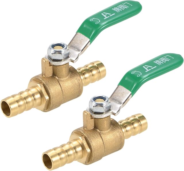 uxcell Ball Valve Shut-off Valve, 10mm Hose Barb to 10mm Hose Barb, Hose Pipe Tube Fittings, 180 Degree Operation Green Handle, Brass Valve, Pack of 2