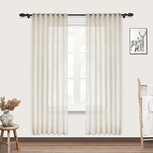 Cortinas de lino PANGSINNE color crema beige de 63 pulgadas de largo para dormitorio; 2 juegos de cortinas con dobladillo para barra, cortinas
