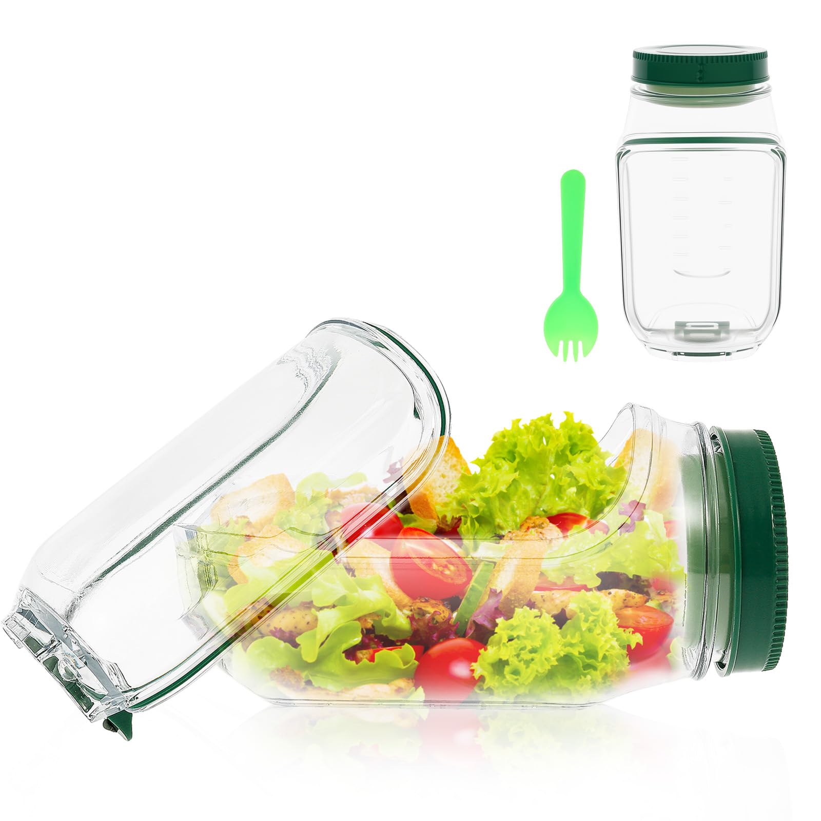 Yunyouc Green+Fork Salad Pod Container Vertical Layering Salad Pod Built-In Bowl Design Plastic Interval Salads Box With Leak Proof Sauce Dressing Case Dishwasher Safe Fresh Salads Storage For Lunch (Green+Fork)