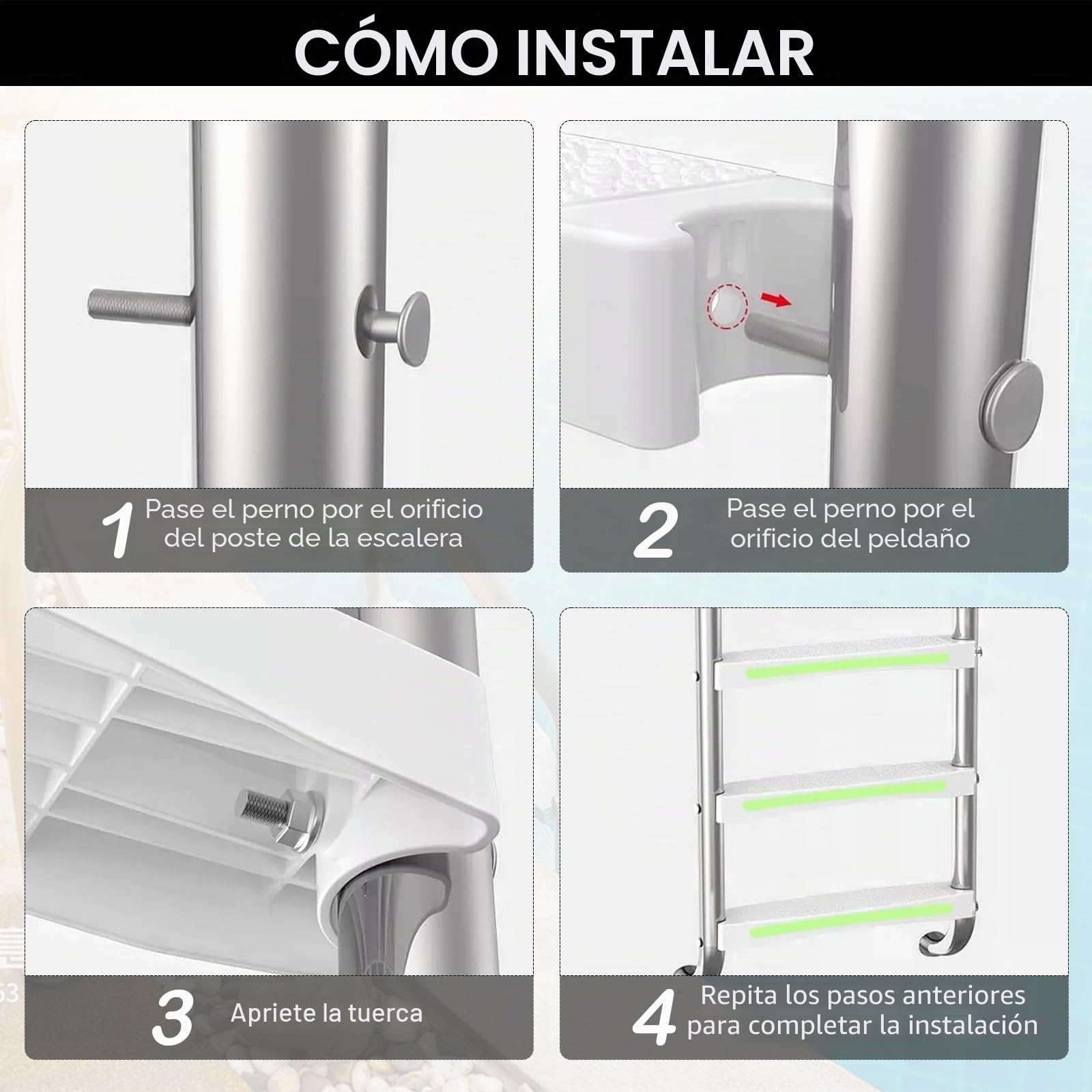 Escalera de piscina, repuesto para escalera de piscina con tiras reflectantes, nivel de repuesto para peldaños rectos para piscina, nivel de repuesto para escalones de piscina, antideslizante para