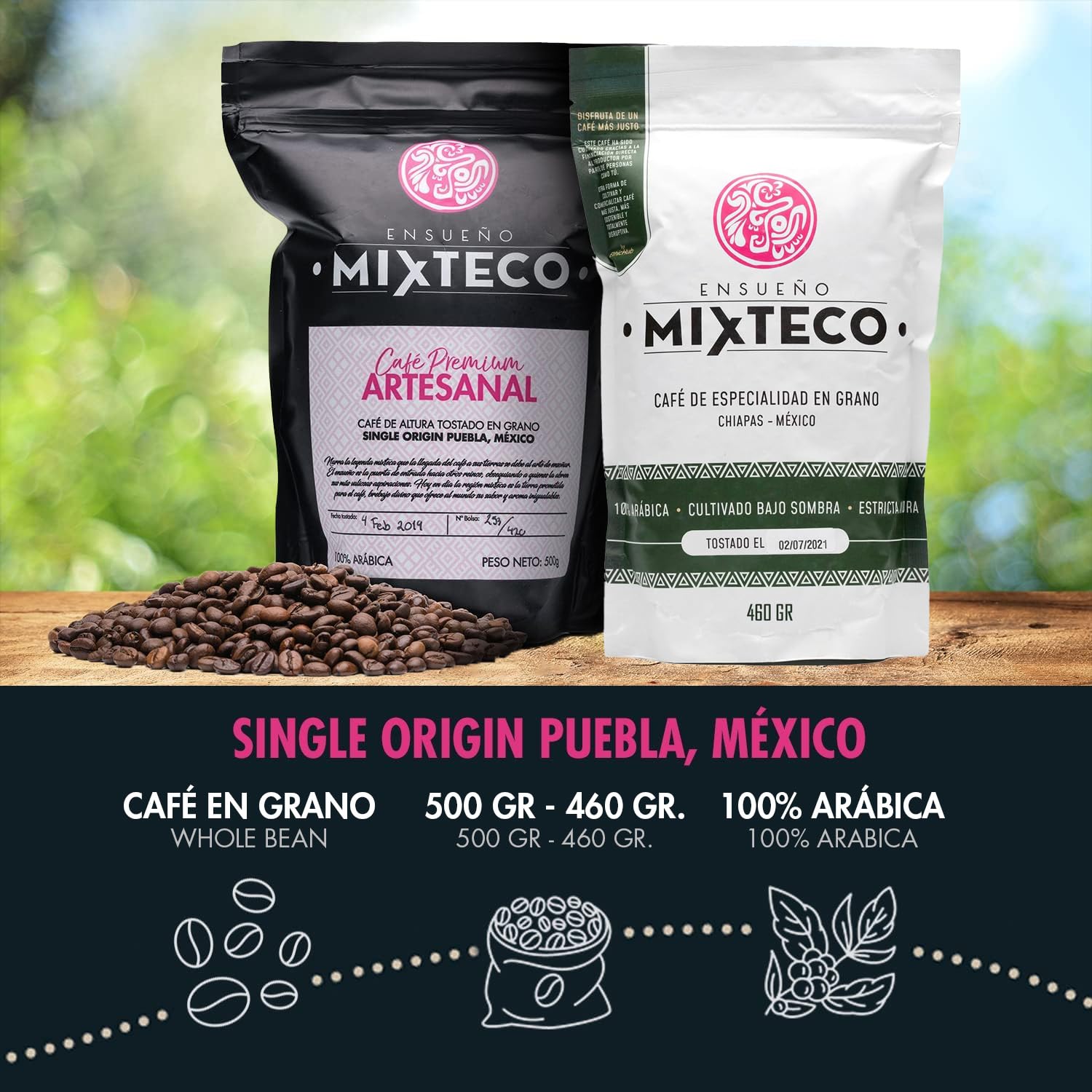 Ensueño Mixteco - Pack 2 Bolsas de Café en Grano de Especialidad y Tostado Natural - 460g + 500g - 100% Arábica - Producción Artesanal - Origen México