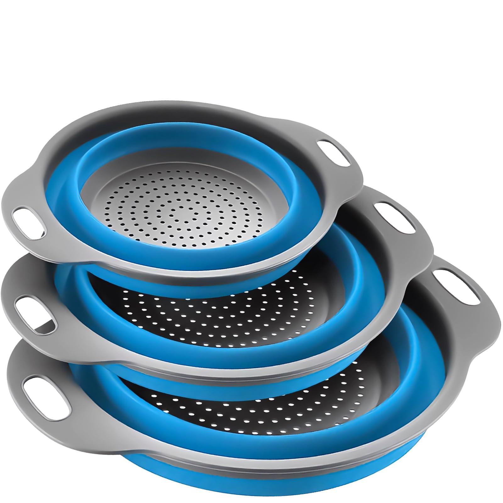 Set di 3 colini pieghevoli salvaspazio per cucina, 3 misure, colino per scolare pasta, verdura e frutta, gadget da cucina per uso domestico e campeggio all'aperto (blu)