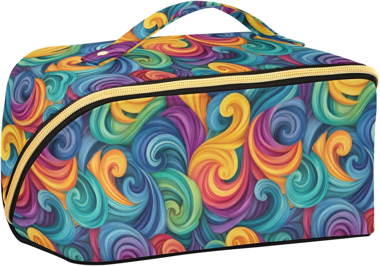 Caikeny Rainbow Swirling Colors Makeup Bag Cosmetic Organizer with Brush Slot & Compartments, Portable Handle Travel Toiletry Bag for Women